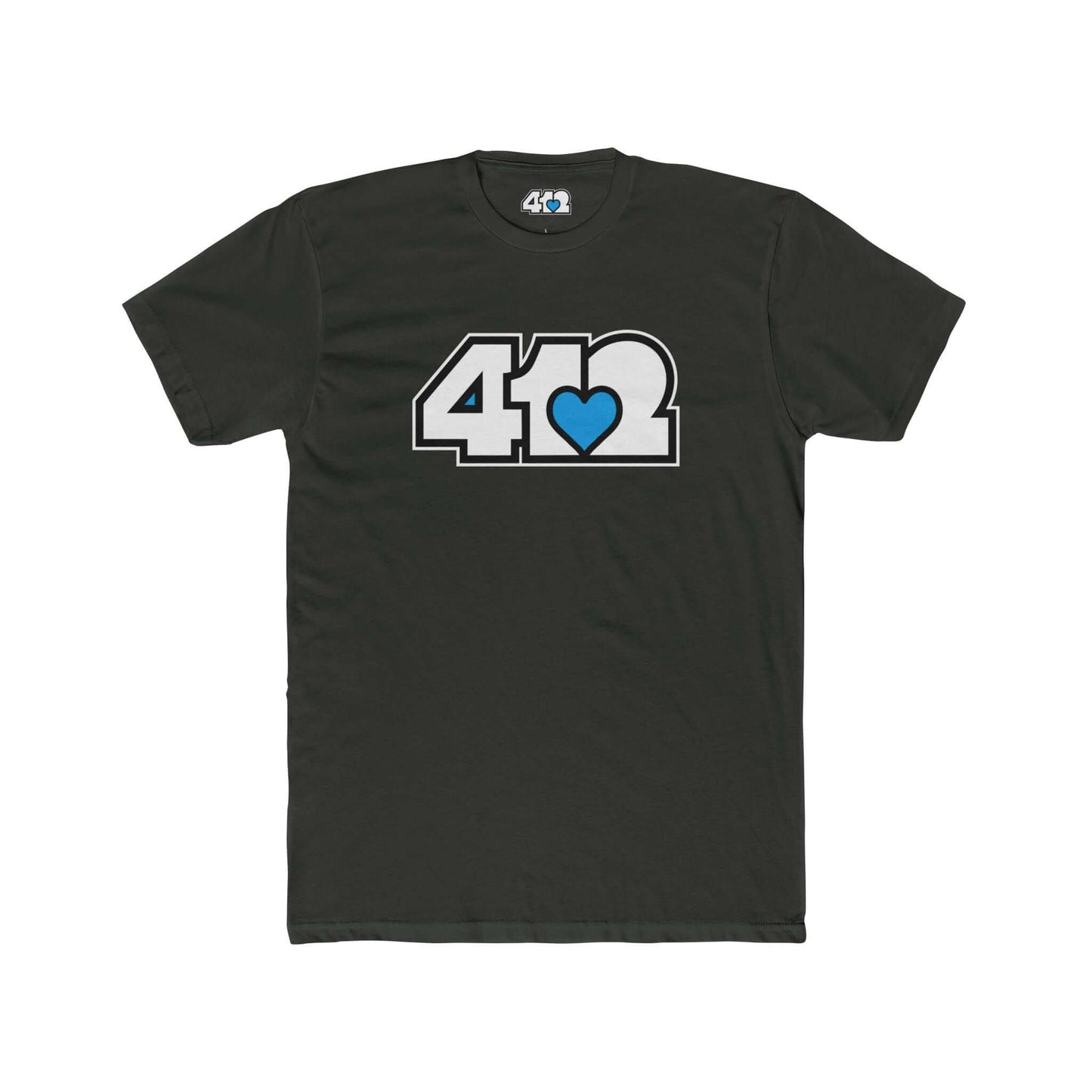 Pittsburgh T-Shirt | White & Blue 412 Logo. Apparel Color: Solid Heavy Metal. Tailored fit T-Shirt with breathable cotton fabric, and classic neckline.