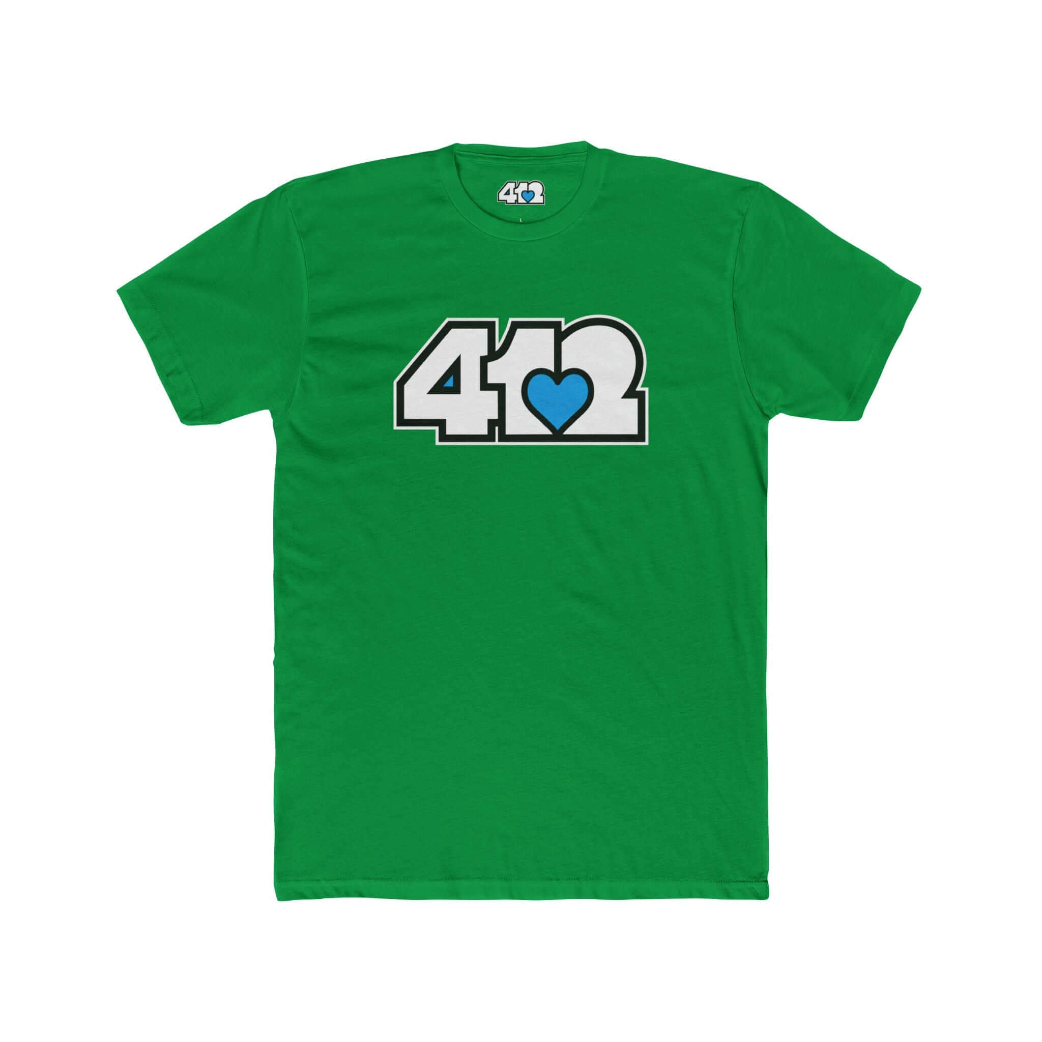 Pittsburgh T-Shirt | White & Blue 412 Logo. Apparel Color: Solid Kelly Green. Tailored fit T-Shirt with breathable cotton fabric, and classic neckline.