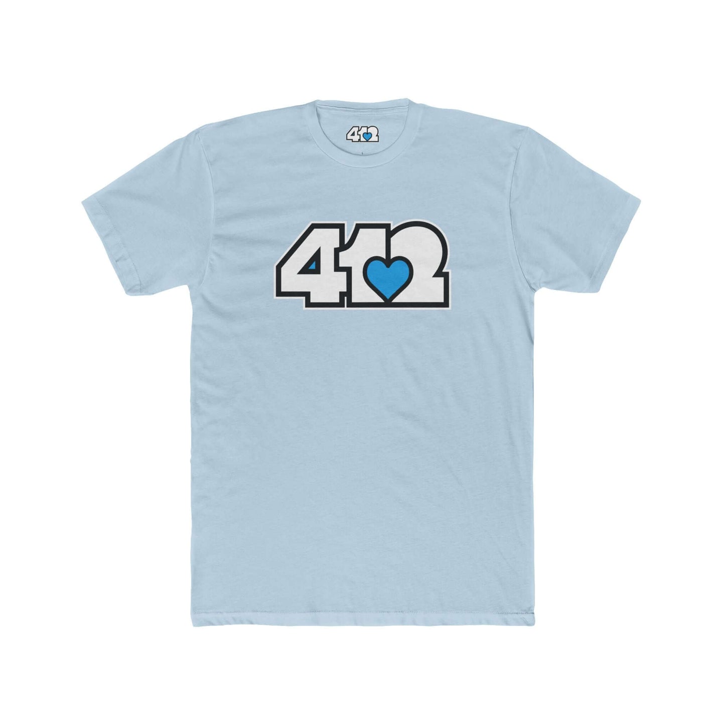 Pittsburgh T-Shirt | White & Blue 412 Logo. Apparel Color: Solid Light Blue. Tailored fit T-Shirt with breathable cotton fabric, and classic neckline.