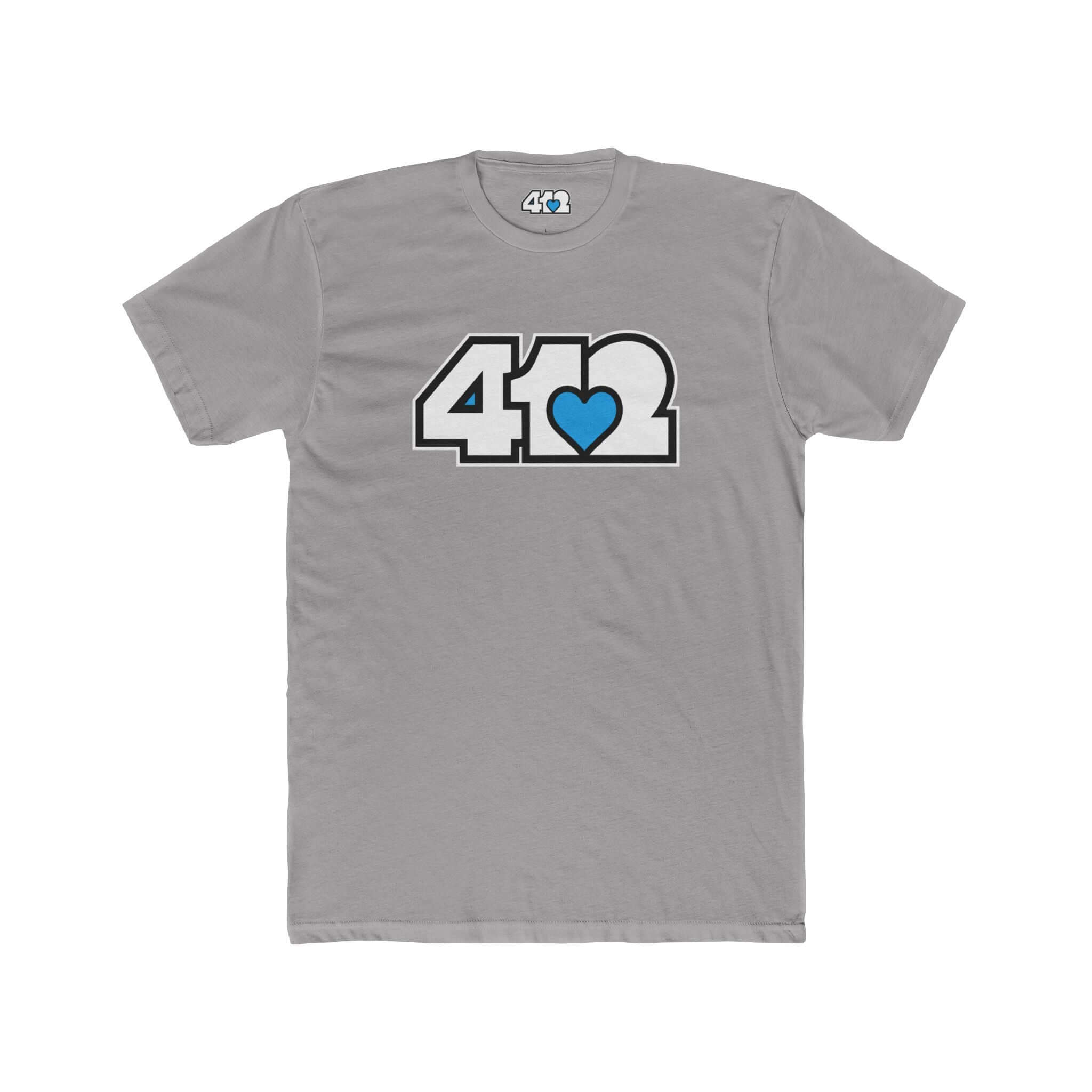 Pittsburgh T-Shirt | White & Blue 412 Logo. Apparel Color: Solid Light Grey. Tailored fit T-Shirt with breathable cotton fabric, and classic neckline.