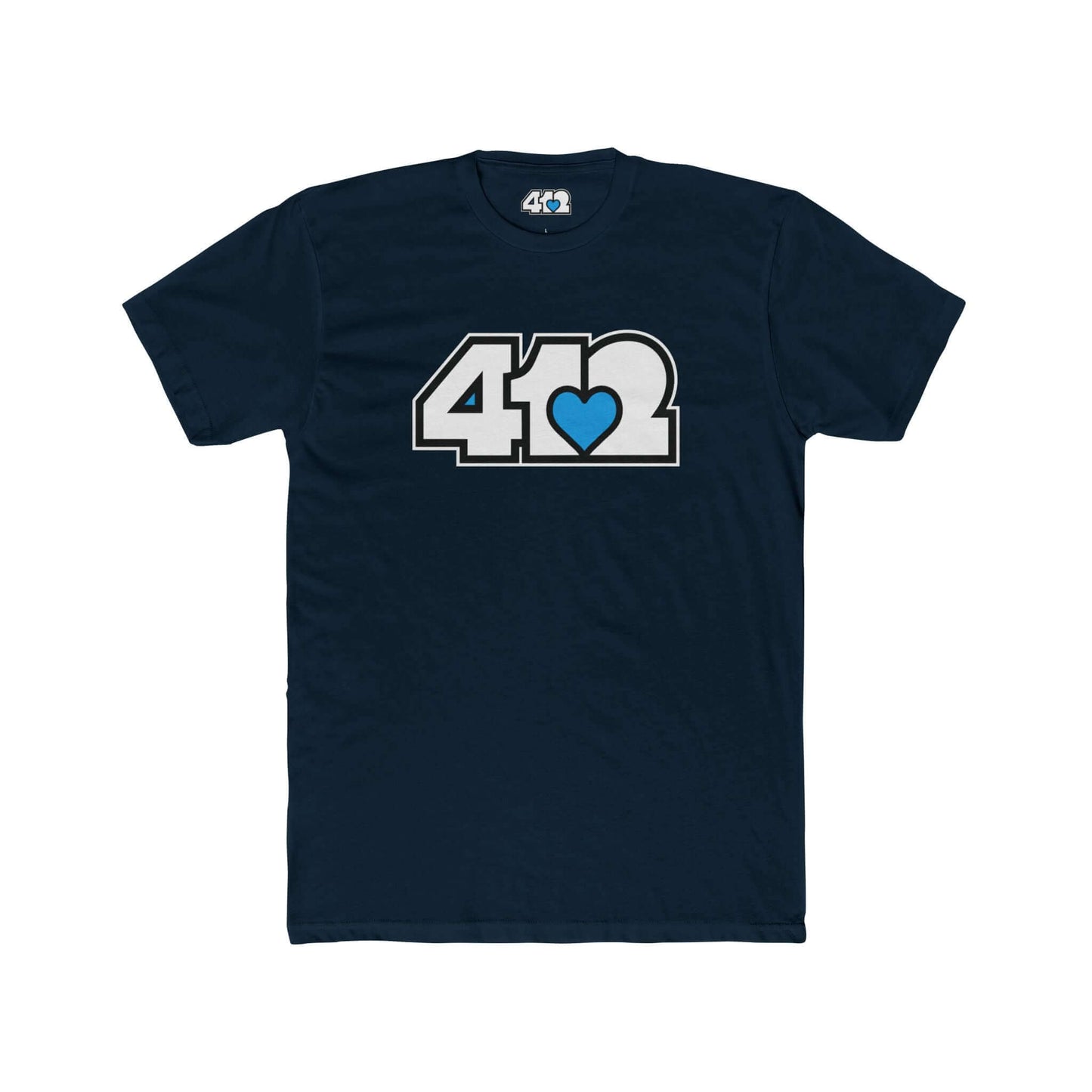 Pittsburgh T-Shirt | White & Blue 412 Logo. Apparel Color: Solid Midnight Navy. Tailored fit T-Shirt with breathable cotton fabric, and classic neckline.