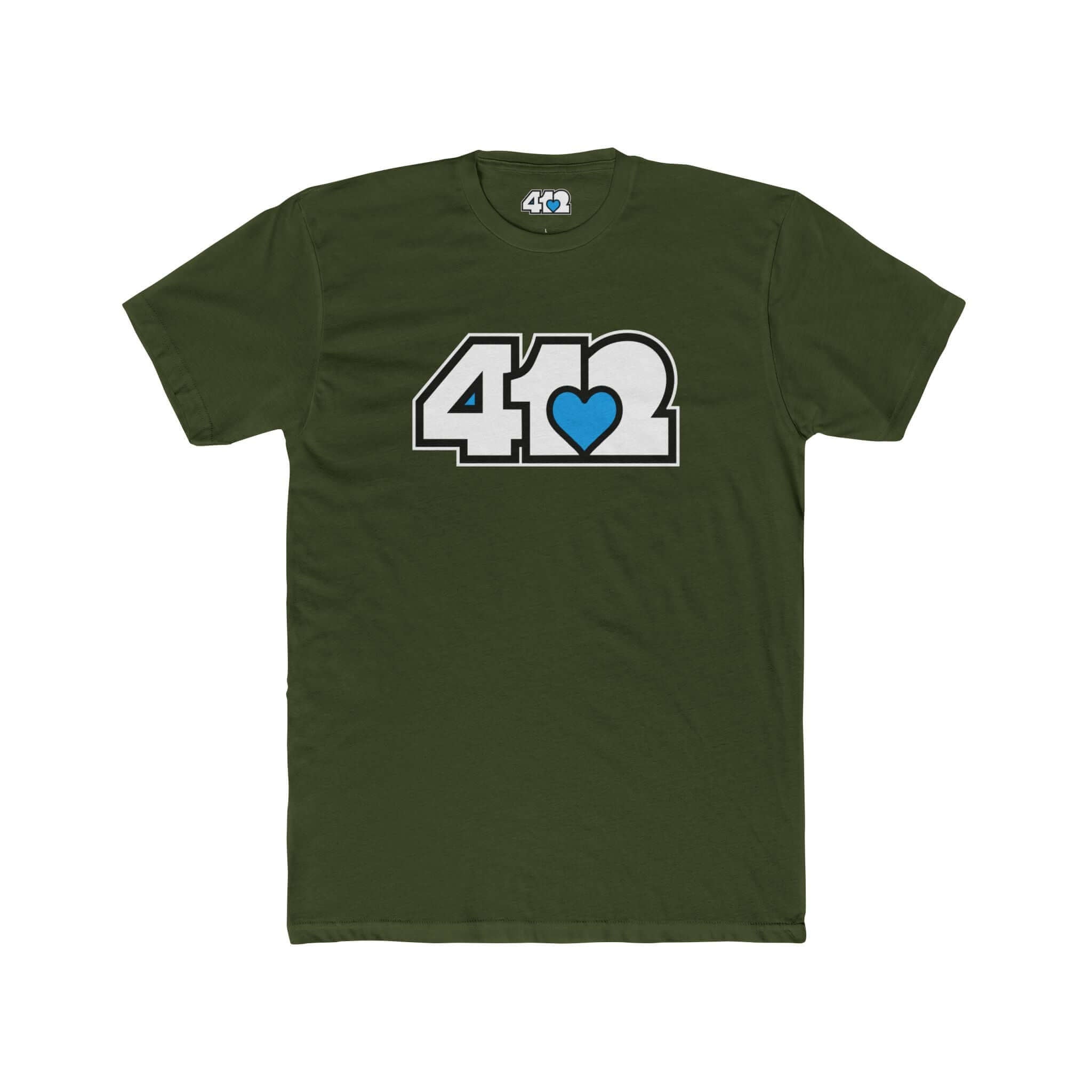 Pittsburgh T-Shirt | White & Blue 412 Logo. Apparel Color: Solid Military Green. Tailored fit T-Shirt with breathable cotton fabric, and classic neckline.