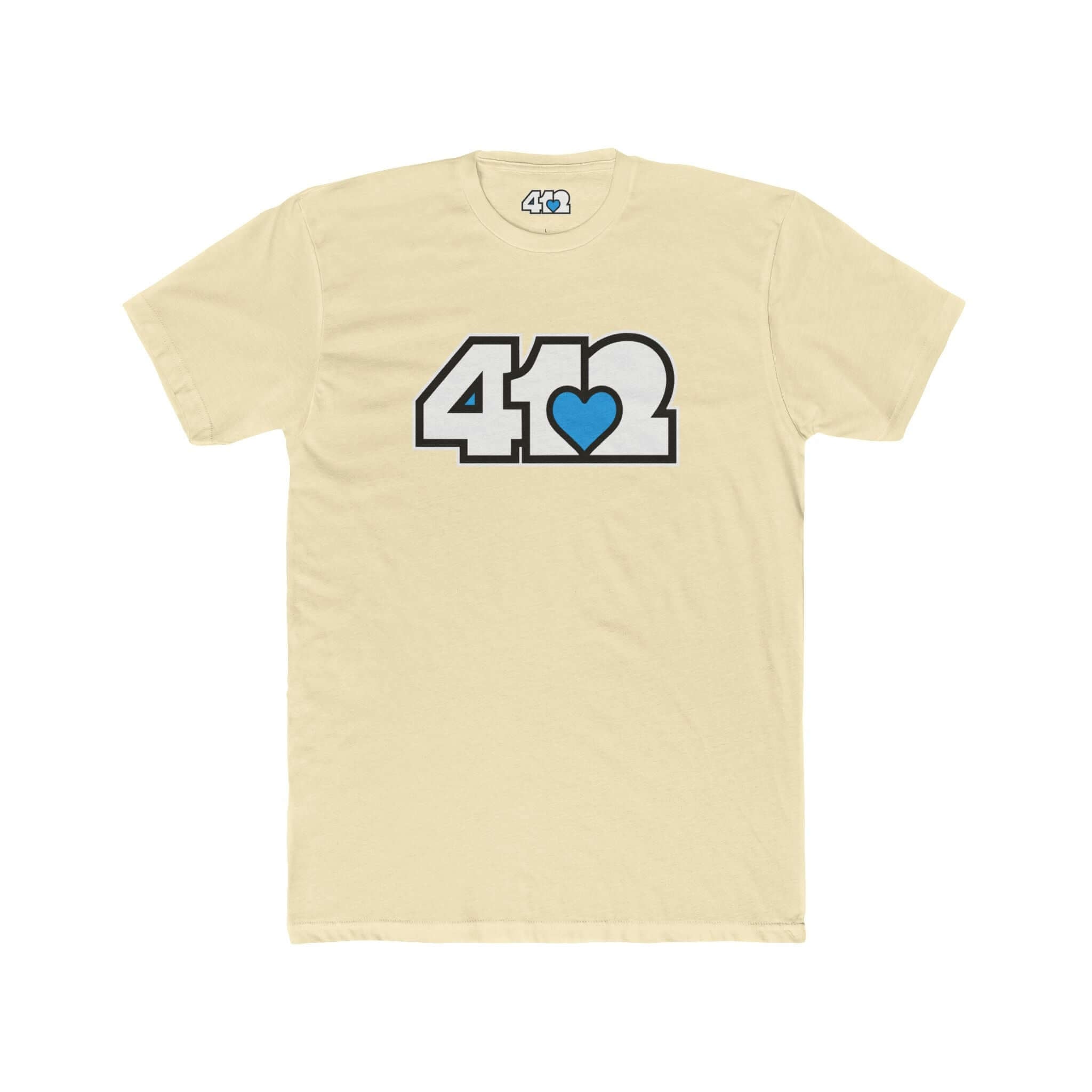 Pittsburgh T-Shirt | White & Blue 412 Logo. Apparel Color: Solid Natural. Tailored fit T-Shirt with breathable cotton fabric, and classic neckline.