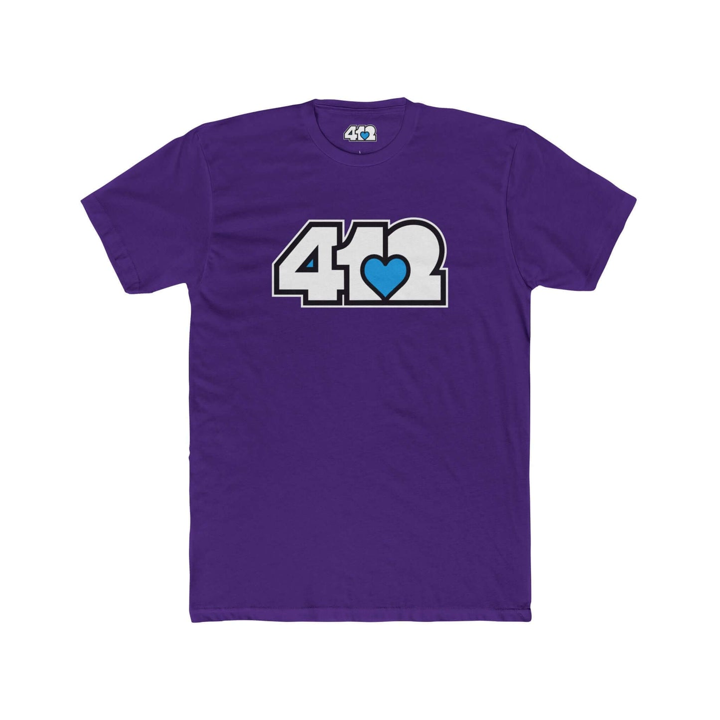 Pittsburgh T-Shirt | White & Blue 412 Logo. Apparel Color: Solid Purple Rush. Tailored fit T-Shirt with breathable cotton fabric, and classic neckline.