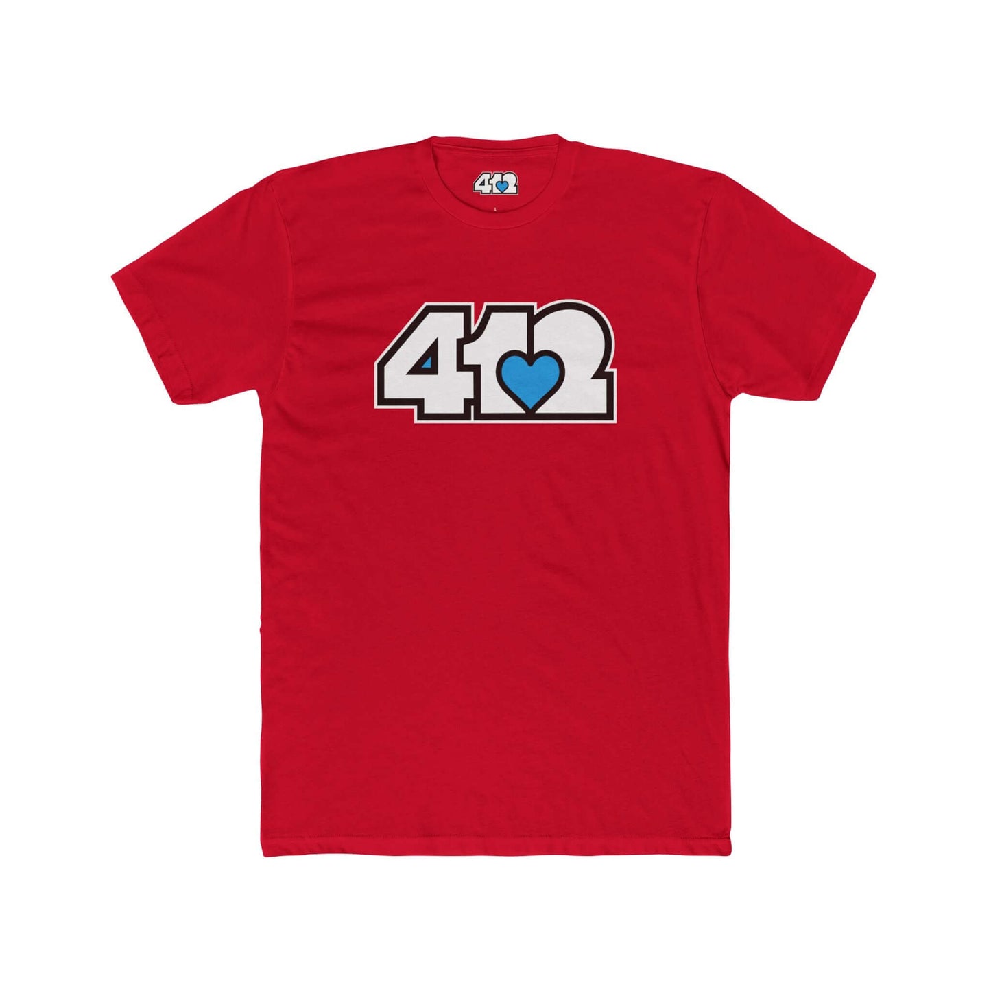 Pittsburgh T-Shirt | White & Blue 412 Logo. Apparel Color: Solid Red. Tailored fit T-Shirt with breathable cotton fabric, and classic neckline.