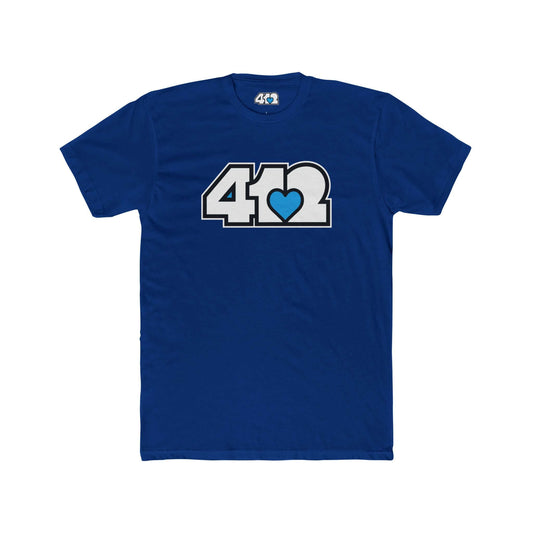 Pittsburgh T-Shirt | White & Blue 412 Logo. Apparel Color: Solid Royal. Tailored fit T-Shirt with breathable cotton fabric, and classic neckline.