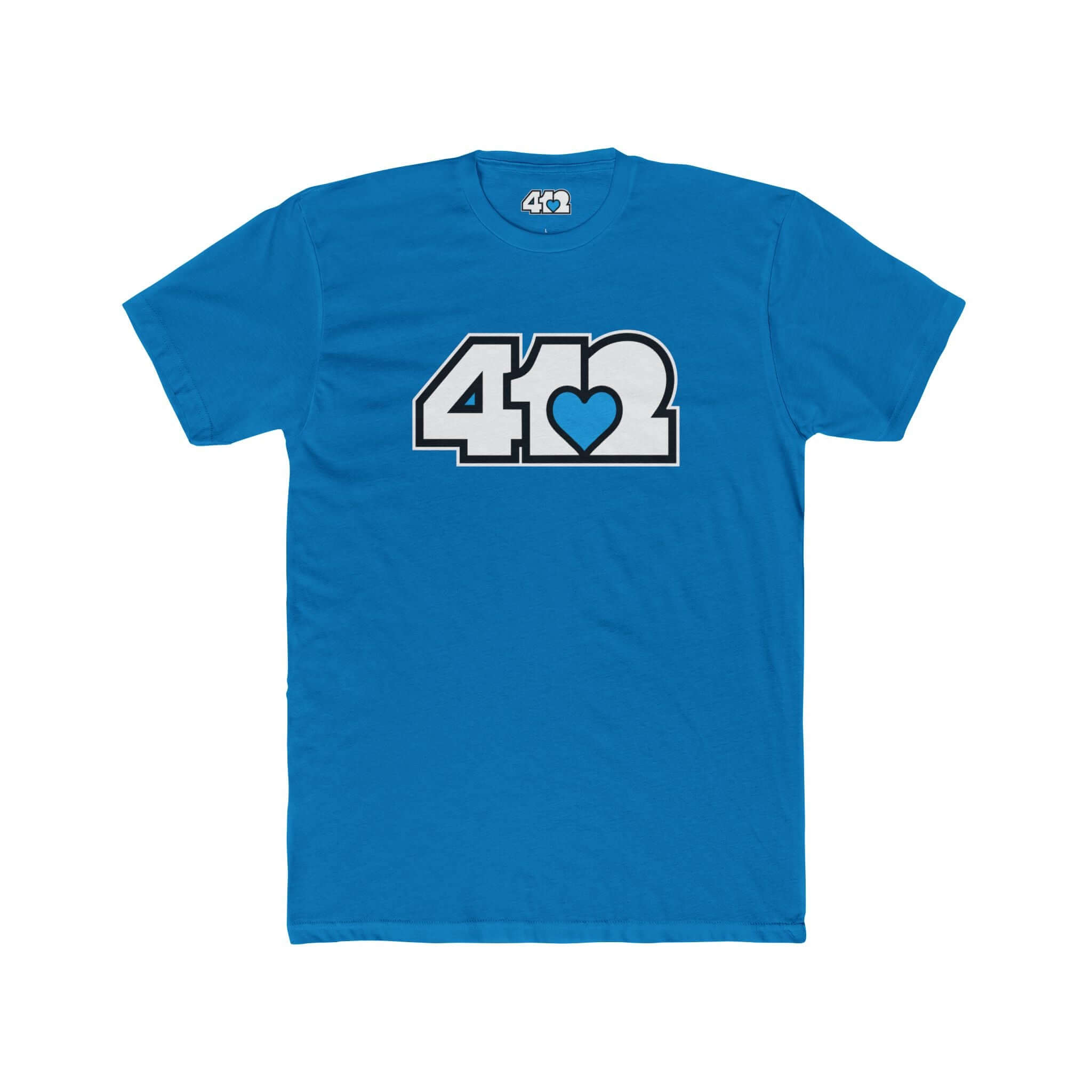 Pittsburgh T-Shirt | White & Blue 412 Logo. Apparel Color: Solid Turquoise. Tailored fit T-Shirt with breathable cotton fabric, and classic neckline.
