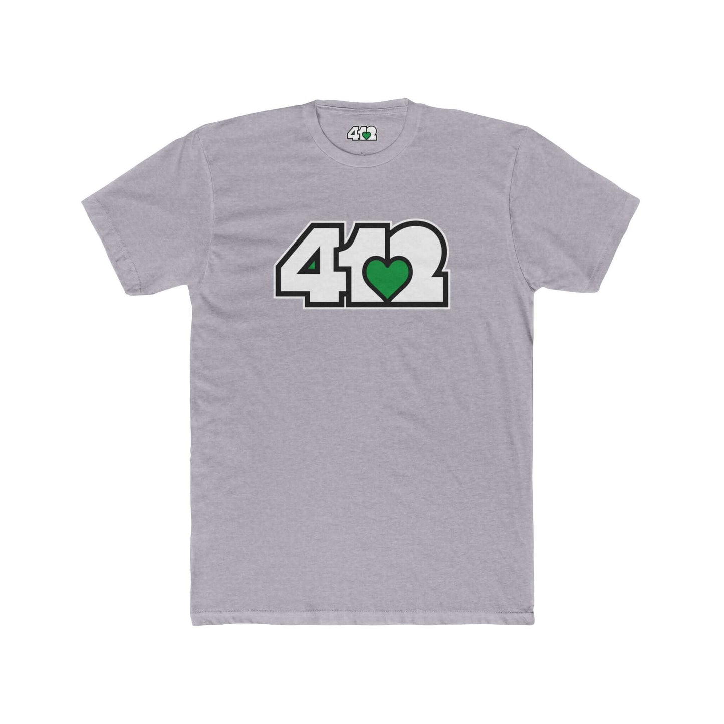 Pittsburgh T-Shirt | White & Green 412 Logo. Apparel Color: Heather Grey. Tailored fit T-Shirt with breathable cotton fabric, and classic neckline.