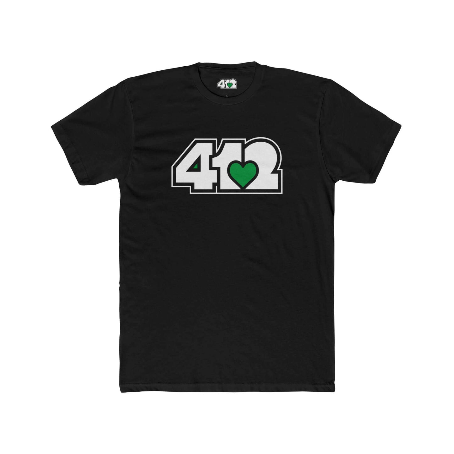 Pittsburgh T-Shirt | White & Green 412 Logo. Apparel Color: Solid Black. Tailored fit T-Shirt with breathable cotton fabric, and classic neckline.