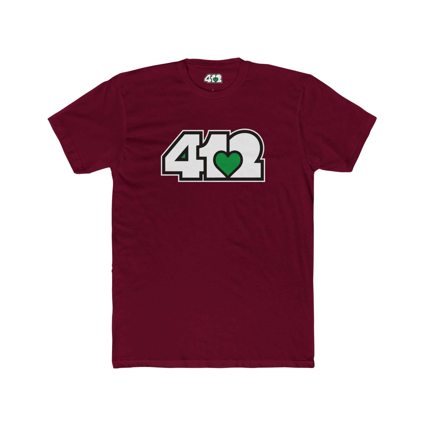 Pittsburgh T-Shirt | White & Green 412 Logo. Apparel Color: Solid Cardinal Red. Tailored fit T-Shirt with breathable cotton fabric, and classic neckline.