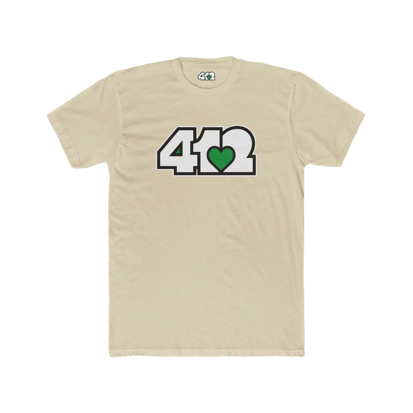 Pittsburgh T-Shirt | White & Green 412 Logo. Apparel Color: Solid Cream. Tailored fit T-Shirt with breathable cotton fabric, and classic neckline.