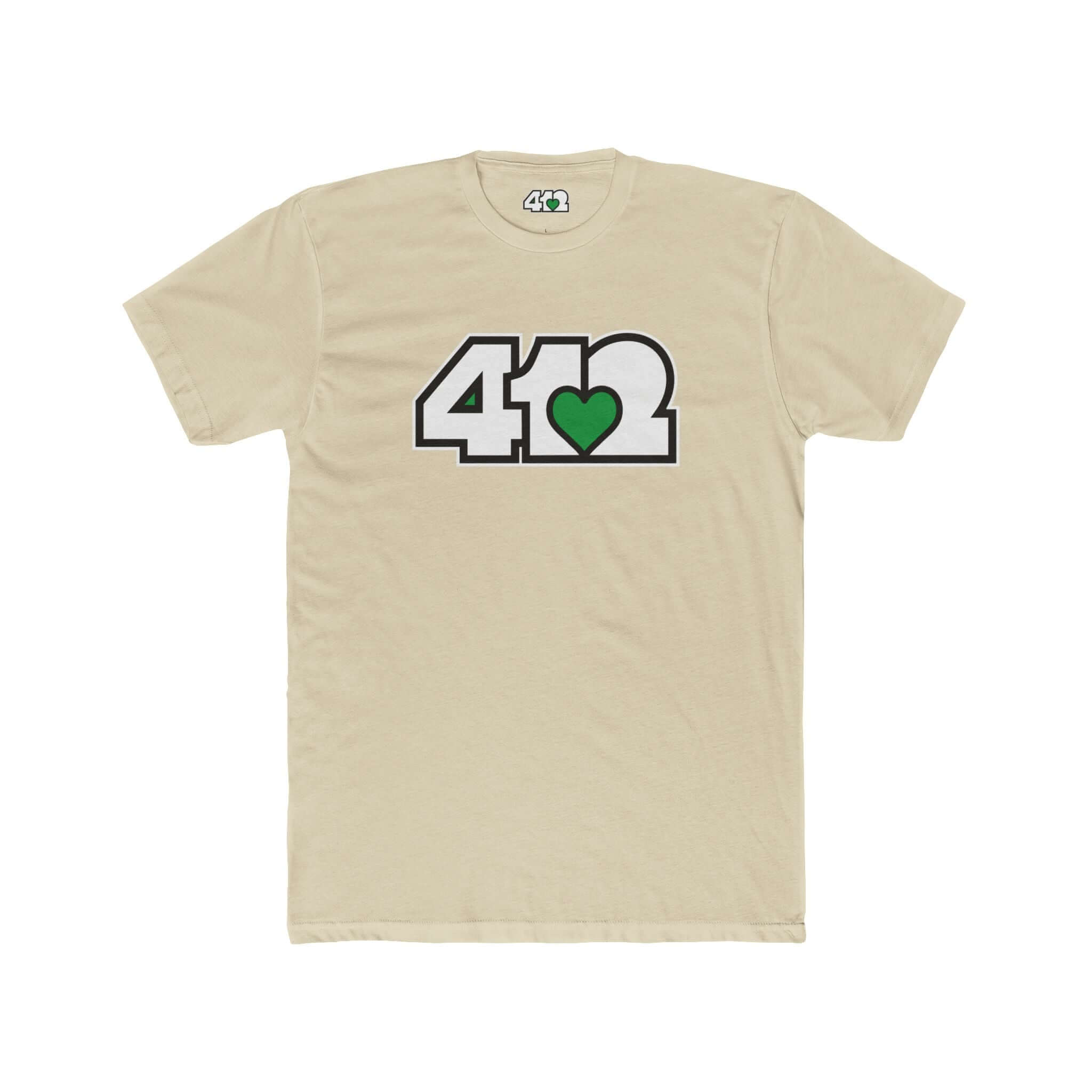 Pittsburgh T-Shirt | White & Green 412 Logo. Apparel Color: Solid Cream. Tailored fit T-Shirt with breathable cotton fabric, and classic neckline.