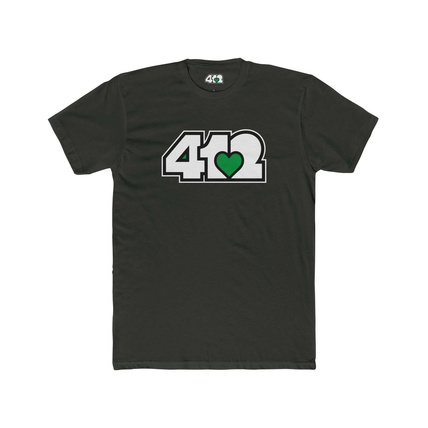 Pittsburgh T-Shirt | White & Green 412 Logo. Apparel Color: Solid Heavy Metal. Tailored fit T-Shirt with breathable cotton fabric, and classic neckline.