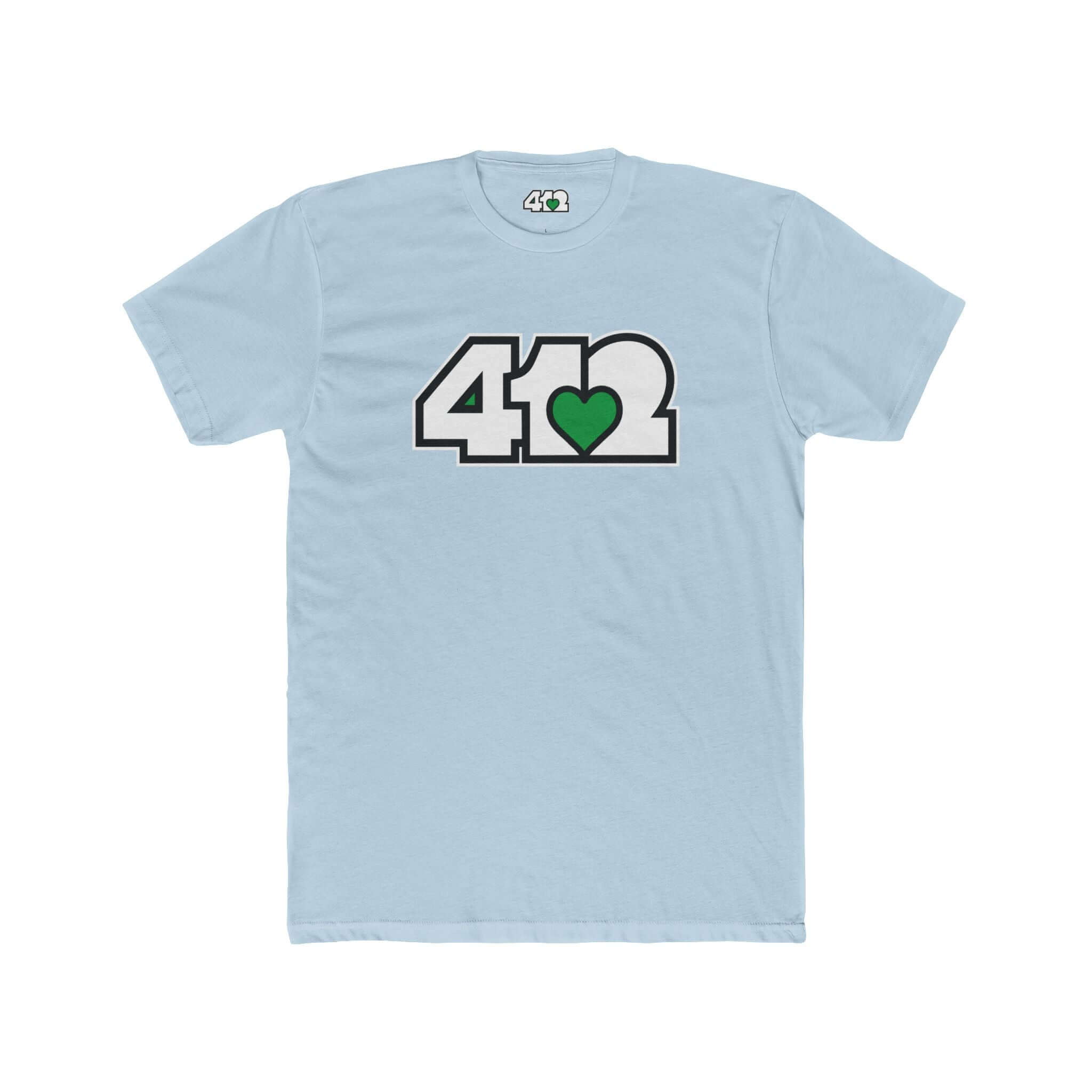 Pittsburgh T-Shirt | White & Green 412 Logo. Apparel Color: Solid Light Blue. Tailored fit T-Shirt with breathable cotton fabric, and classic neckline.