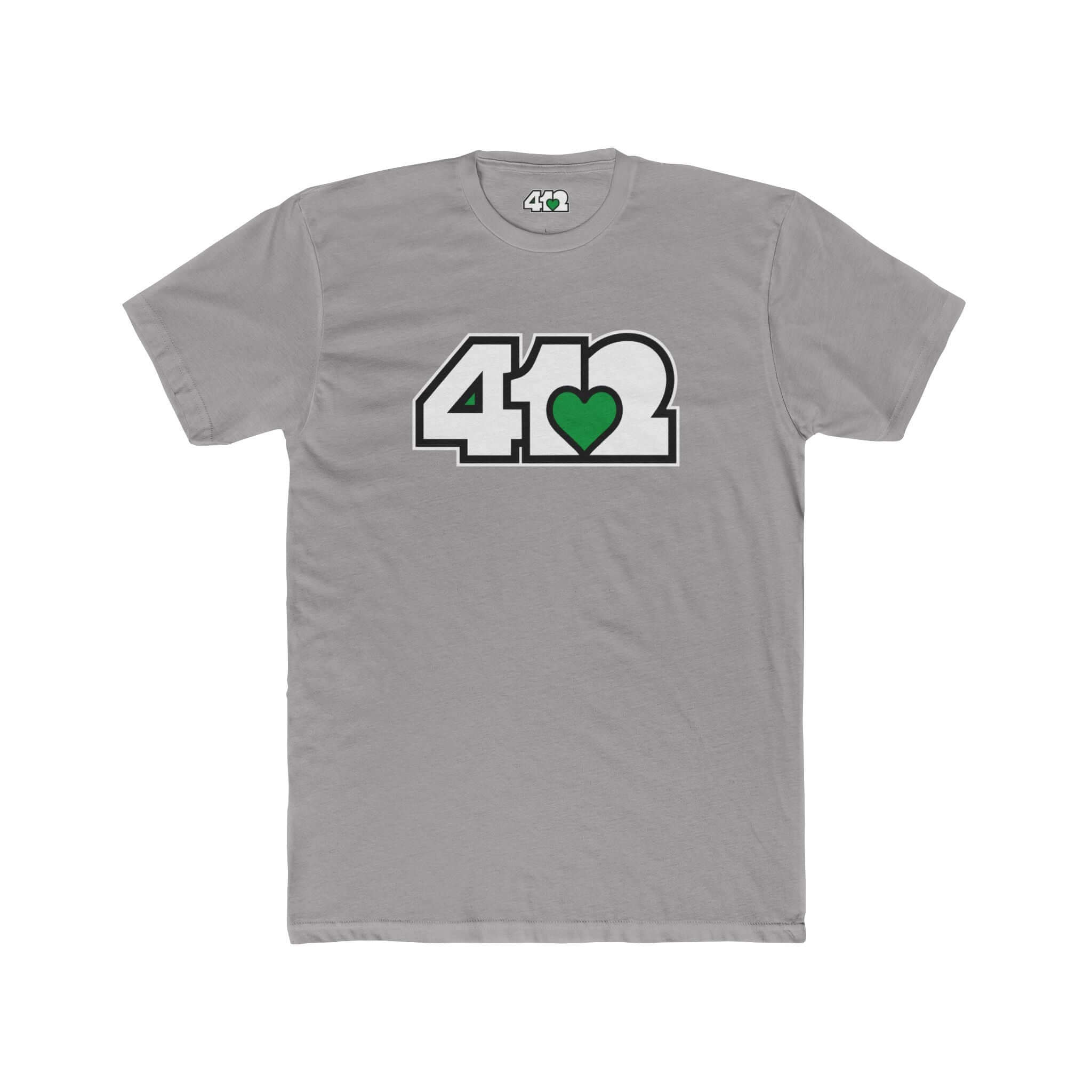 Pittsburgh T-Shirt | White & Green 412 Logo. Apparel Color: Solid Light Grey. Tailored fit T-Shirt with breathable cotton fabric, and classic neckline.