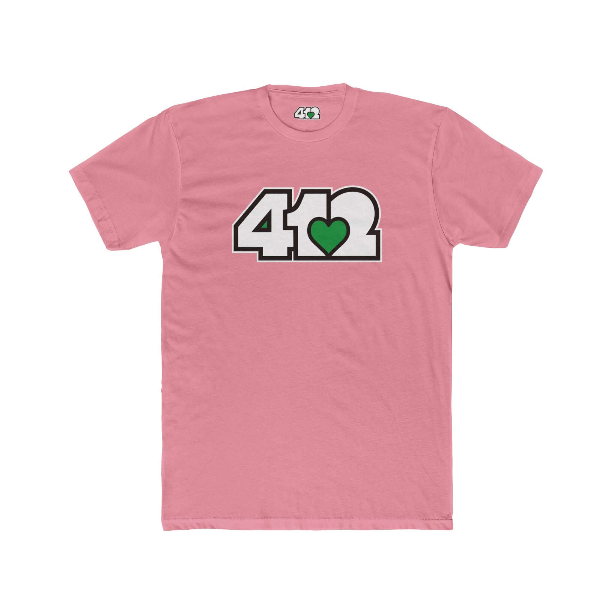 Pittsburgh T-Shirt | White & Green 412 Logo. Apparel Color: Solid Light Pink. Tailored fit T-Shirt with breathable cotton fabric, and classic neckline.