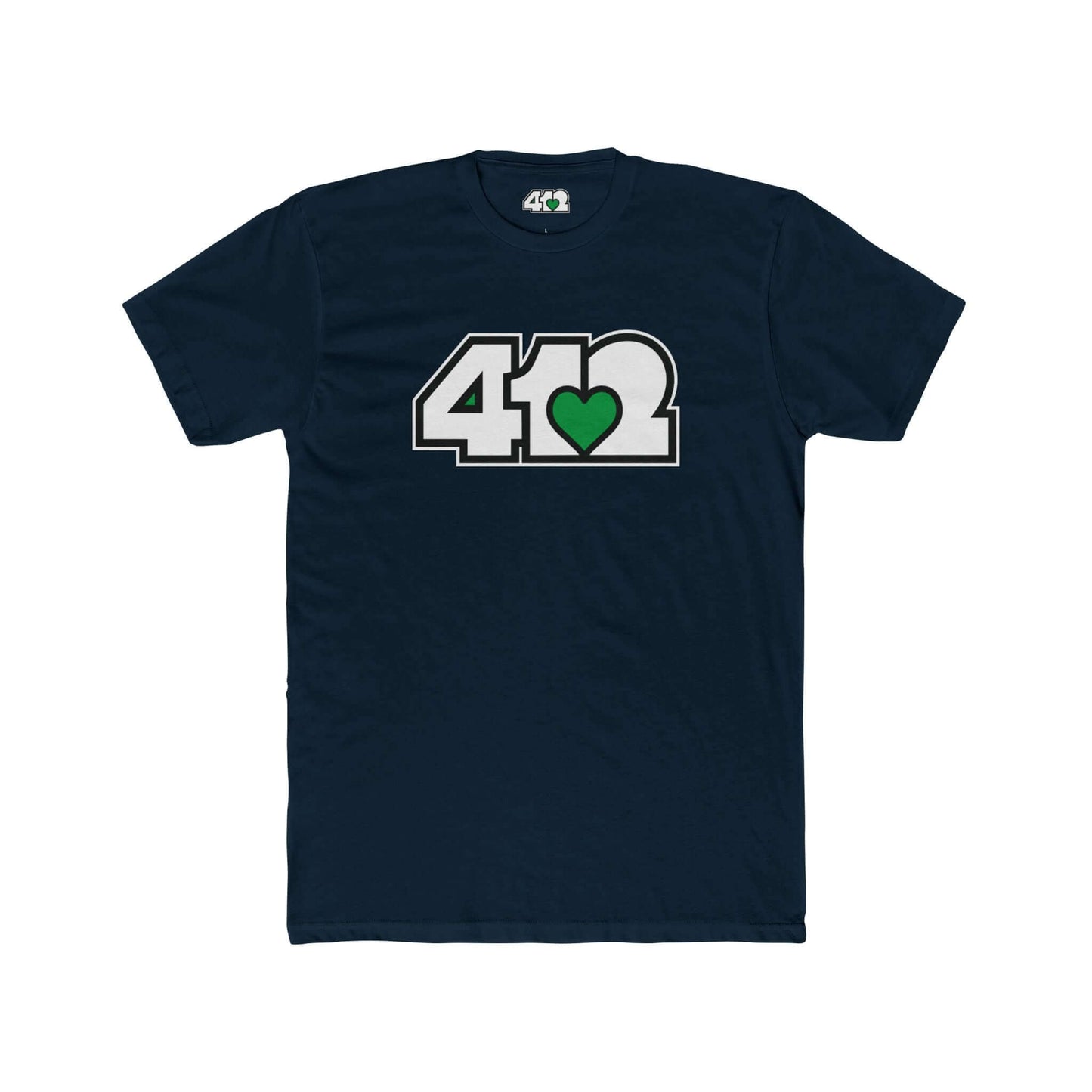 Pittsburgh T-Shirt | White & Green 412 Logo. Apparel Color: Solid Midnight Navy. Tailored fit T-Shirt with breathable cotton fabric, and classic neckline.