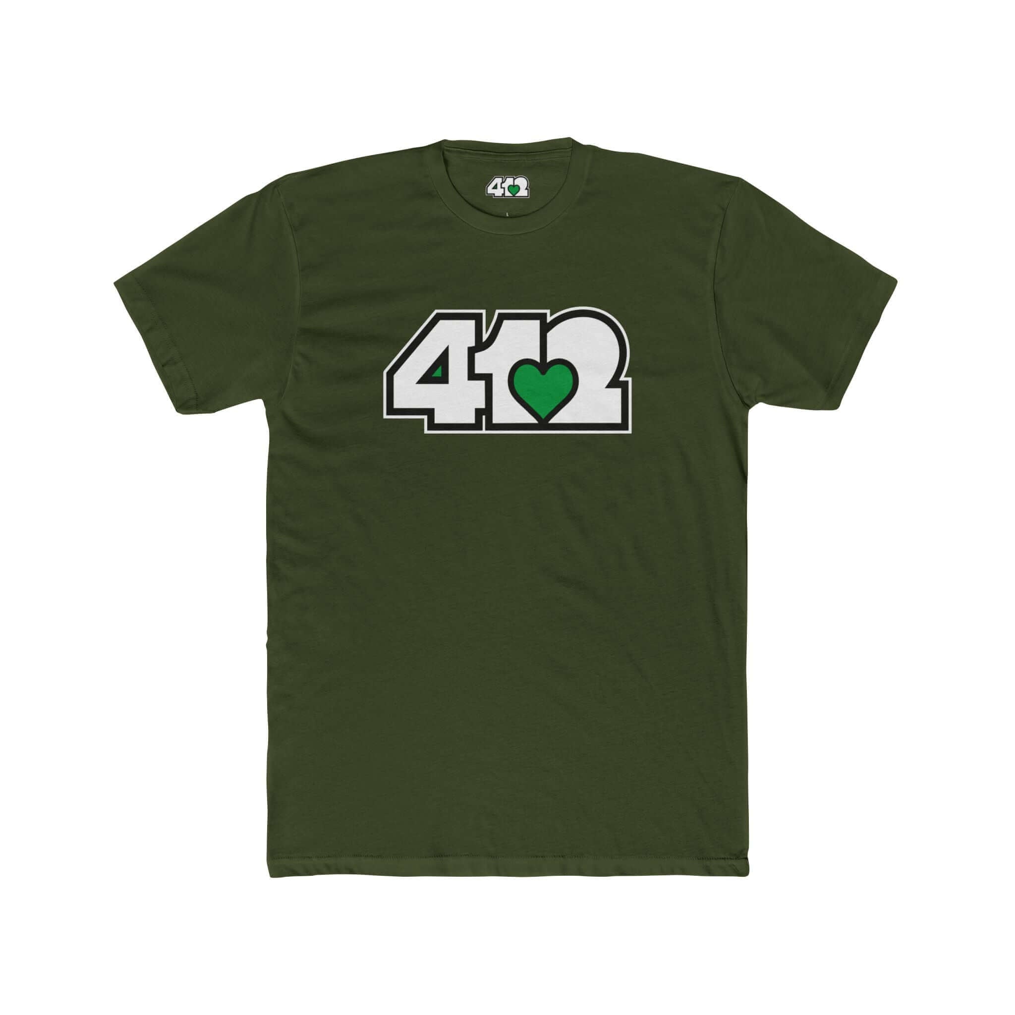 Pittsburgh T-Shirt | White & Green 412 Logo. Apparel Color: Solid Military Green. Tailored fit T-Shirt with breathable cotton fabric, and classic neckline.