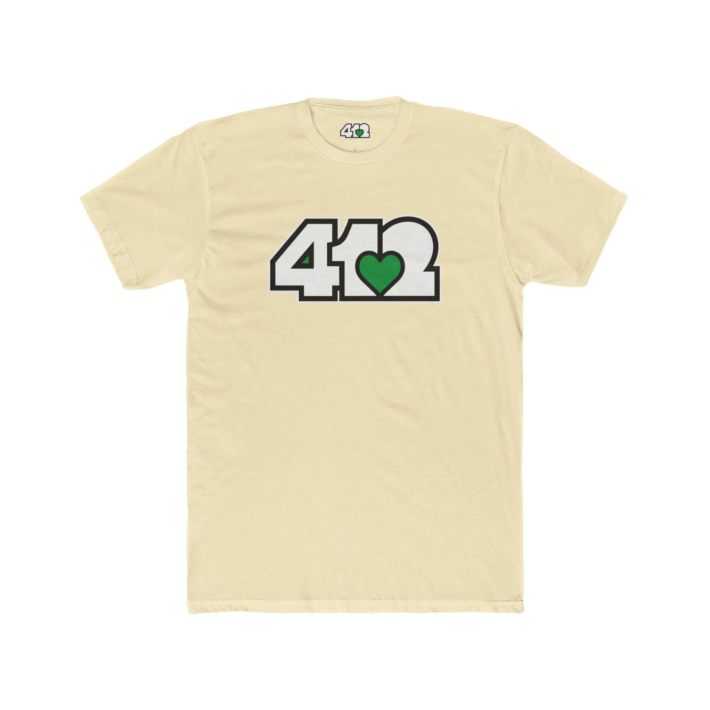 Pittsburgh T-Shirt | White & Green 412 Logo. Apparel Color: Solid Natural. Tailored fit T-Shirt with breathable cotton fabric, and classic neckline.