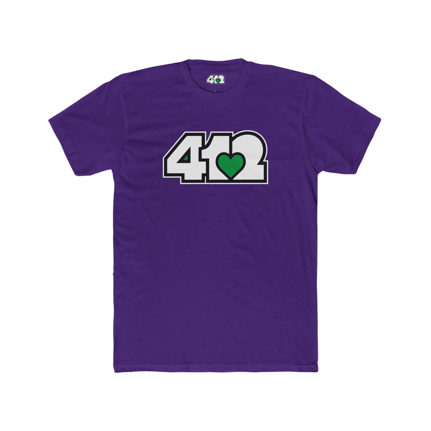 Pittsburgh T-Shirt | White & Green 412 Logo. Apparel Color: Solid Purple Rush. Tailored fit T-Shirt with breathable cotton fabric, and classic neckline.