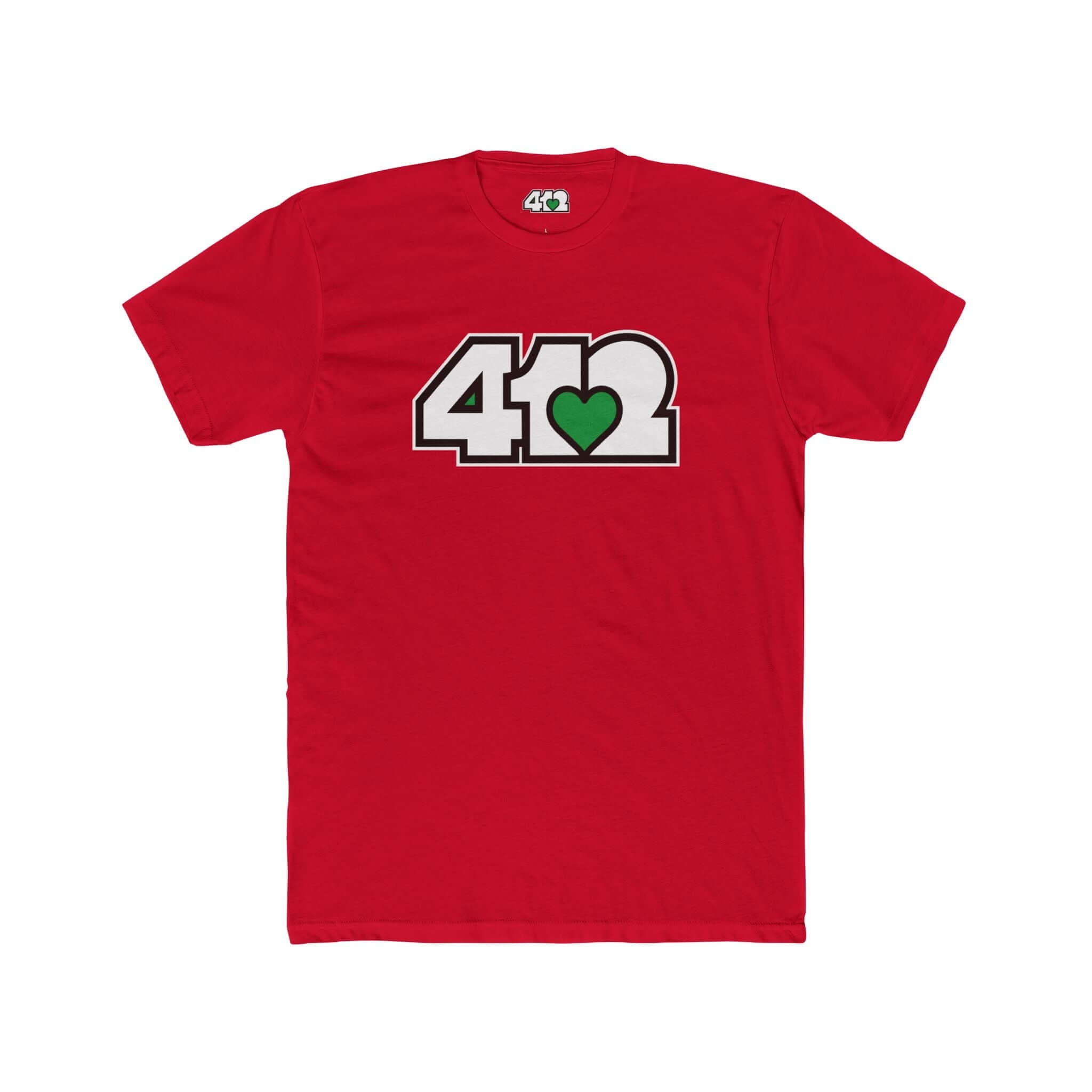 Pittsburgh T-Shirt | White & Green 412 Logo. Apparel Color: Solid Red. Tailored fit T-Shirt with breathable cotton fabric, and classic neckline.