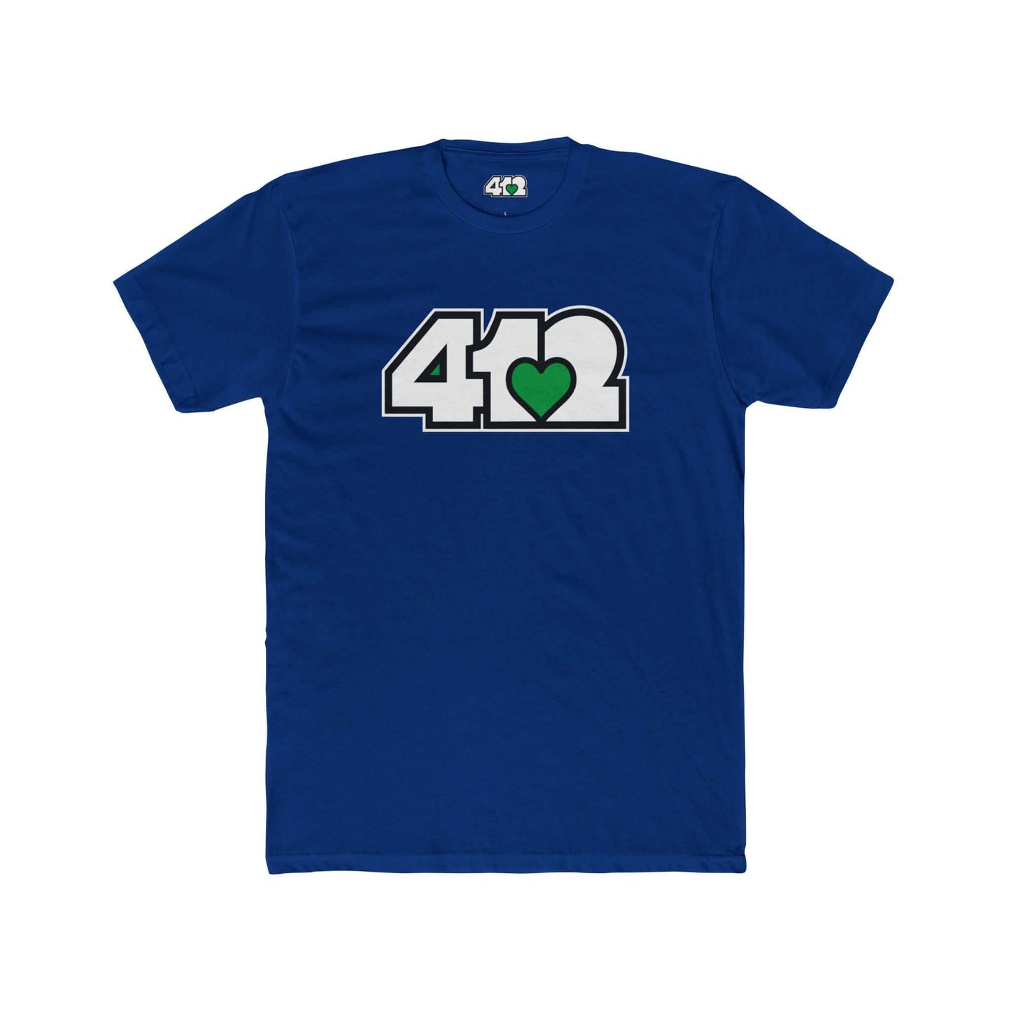 Pittsburgh T-Shirt | White & Green 412 Logo. Apparel Color: Solid Royal. Tailored fit T-Shirt with breathable cotton fabric, and classic neckline.