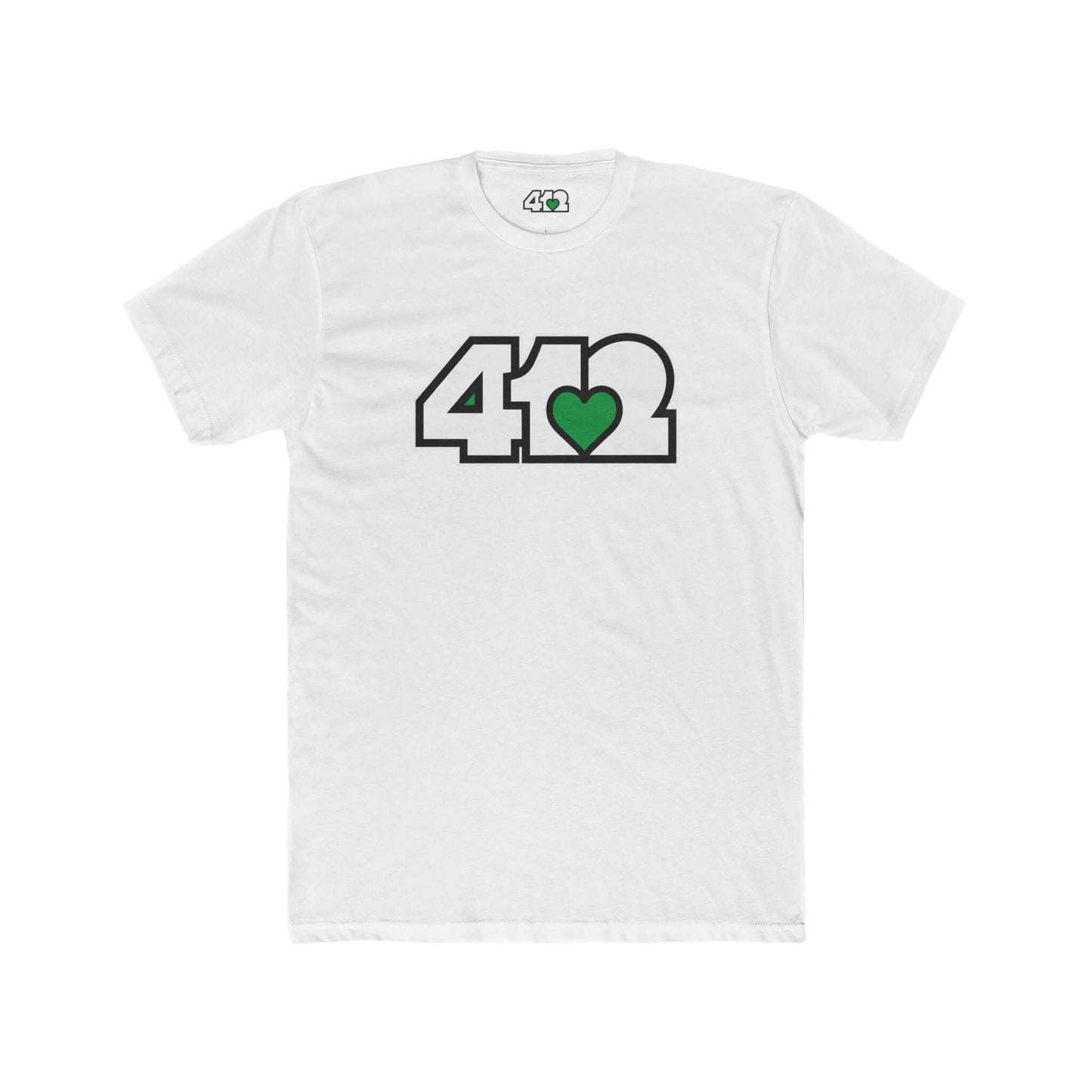 Pittsburgh T-Shirt | White & Green 412 Logo. Apparel Color: Solid White. Tailored fit T-Shirt with breathable cotton fabric, and classic neckline.