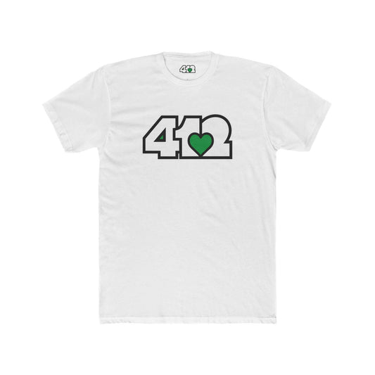 Pittsburgh T-Shirt | White & Green 412 Logo. Apparel Color: Solid White. Tailored fit T-Shirt with breathable cotton fabric, and classic neckline.