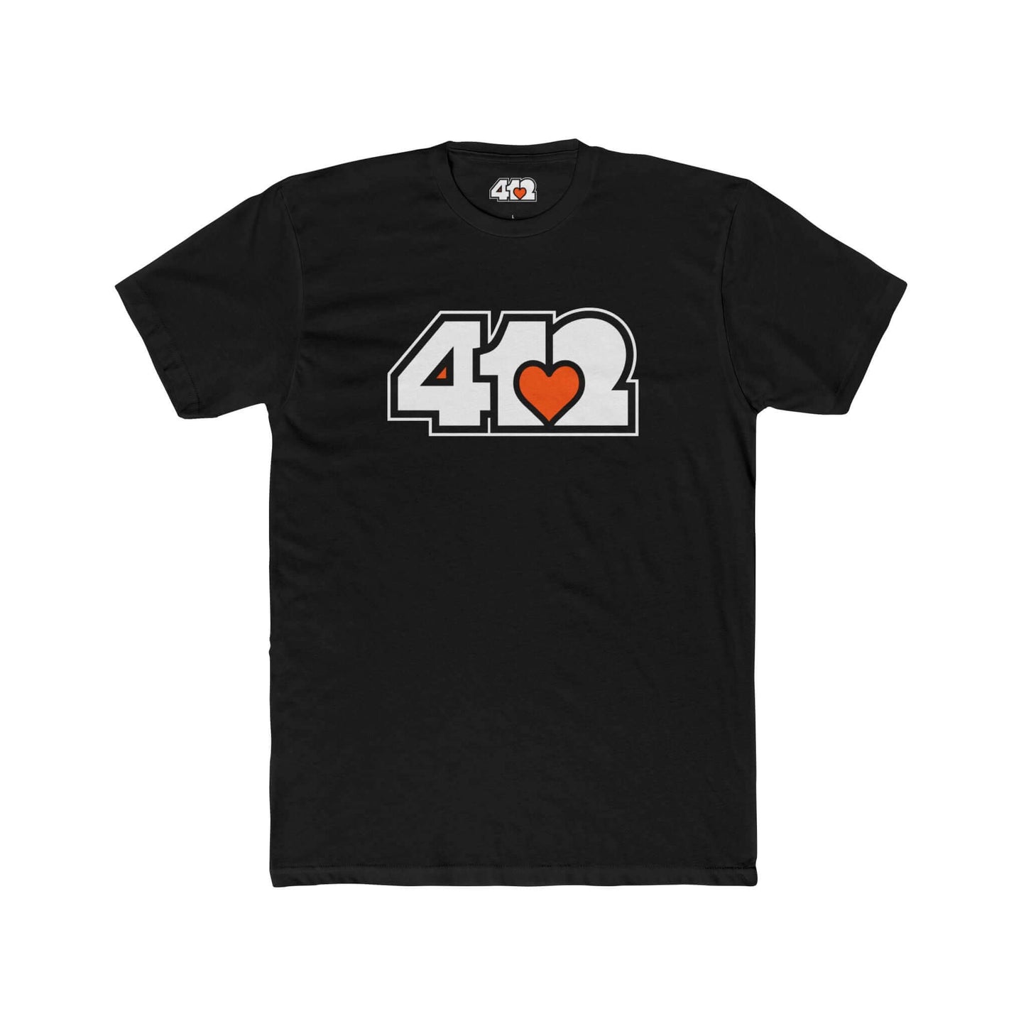 Pittsburgh T-Shirt | White & Orange 412 Logo. Apparel Color: Solid Black. Tailored fit T-Shirt with breathable cotton fabric, and classic neckline.