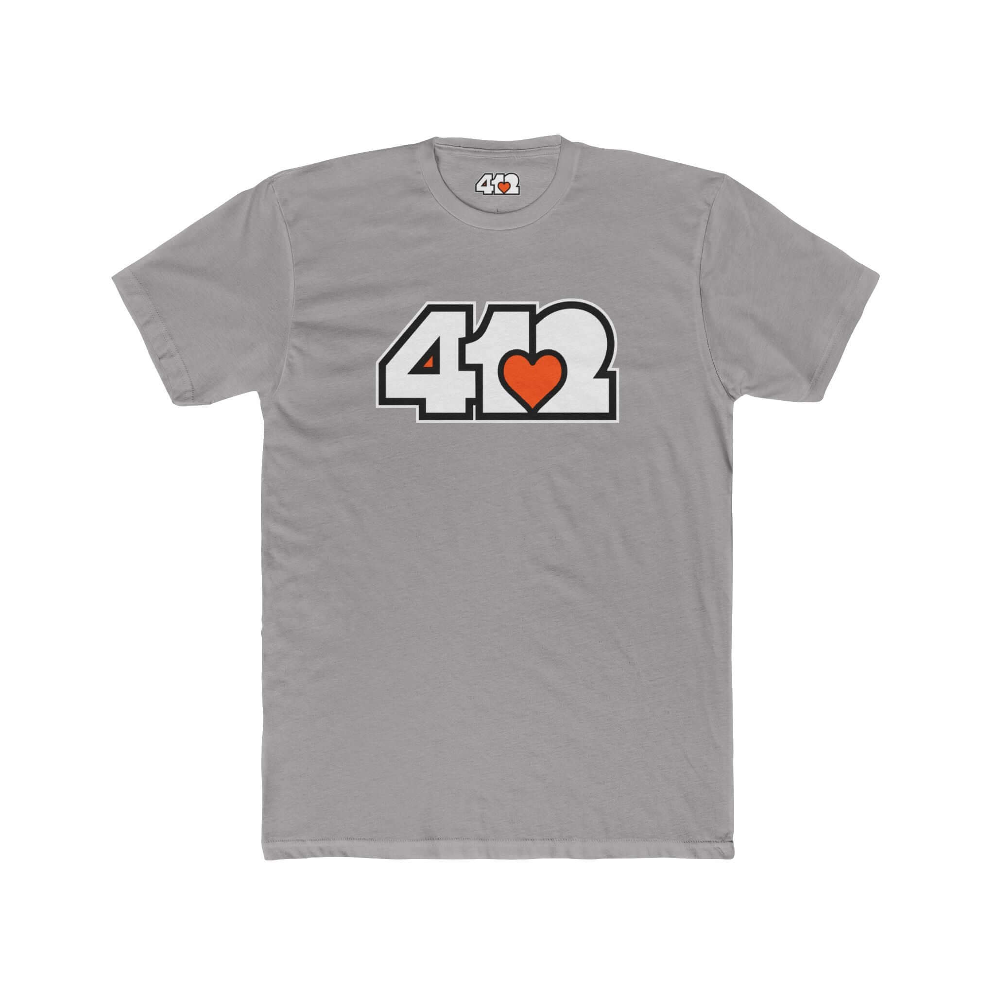 Pittsburgh T-Shirt | White & Orange 412 Logo. Apparel Color: Solid Light Grey. Tailored fit T-Shirt with breathable cotton fabric, and classic neckline.