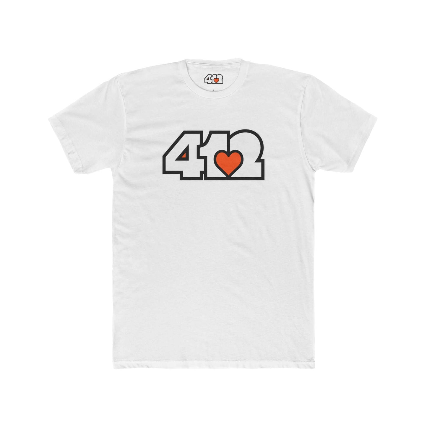 Pittsburgh T-Shirt | White & Orange 412 Logo. Apparel Color: Solid White. Tailored fit T-Shirt with breathable cotton fabric, and classic neckline.