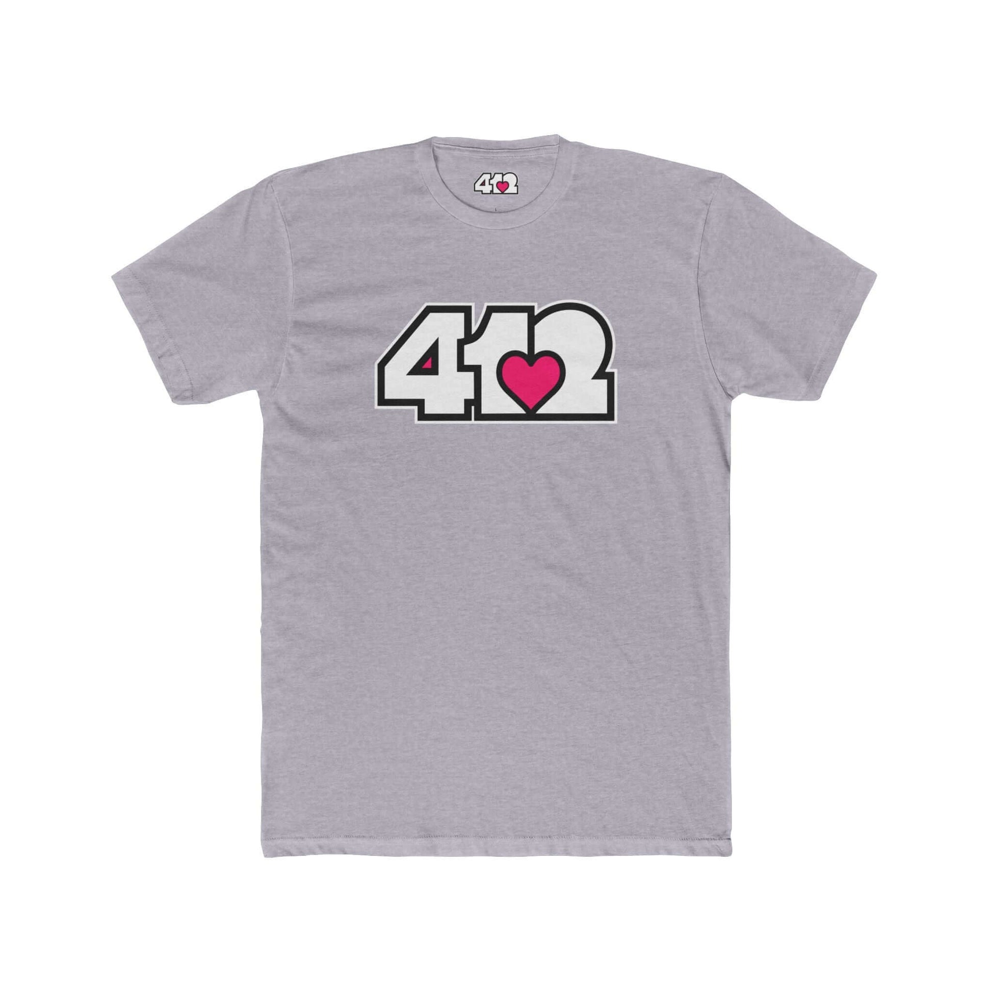 Pittsburgh T-Shirt | White & Pink 412 Logo. Apparel Color: Heather Grey. Tailored fit T-Shirt with breathable cotton fabric, and classic neckline.