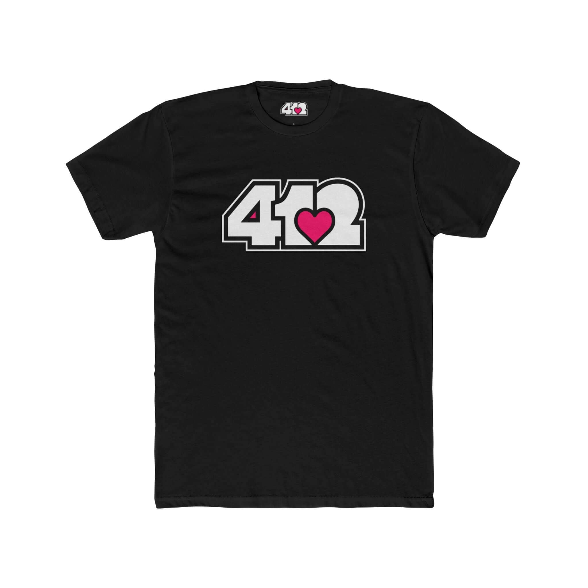 Pittsburgh T-Shirt | White & Pink 412 Logo. Apparel Color: Solid Black. Tailored fit T-Shirt with breathable cotton fabric, and classic neckline.