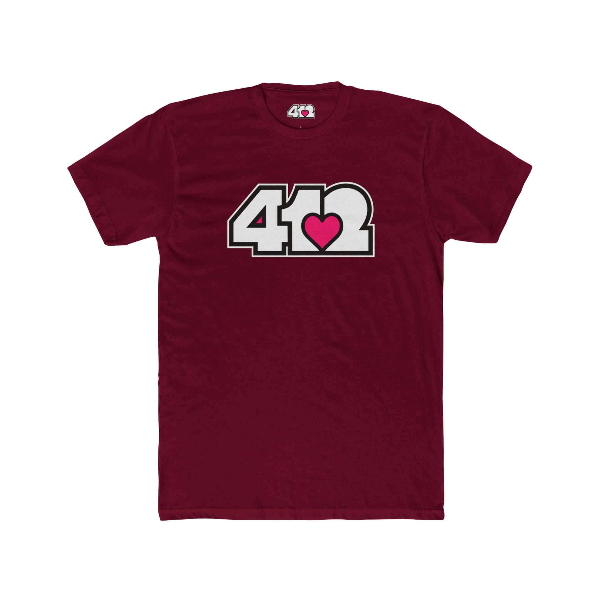 Pittsburgh T-Shirt | White & Pink 412 Logo. Apparel Color: Solid Cardinal Red. Tailored fit T-Shirt with breathable cotton fabric, and classic neckline.