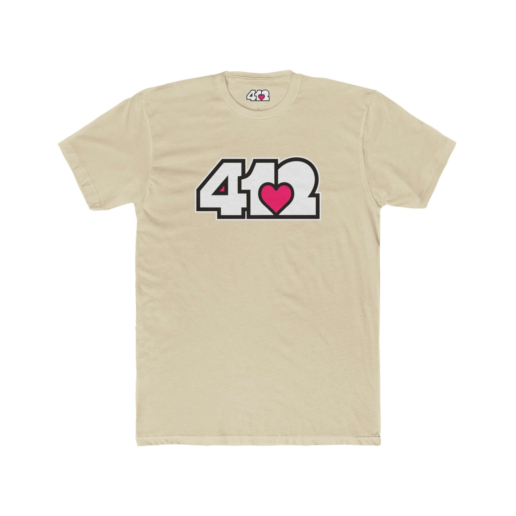 Pittsburgh T-Shirt | White & Pink 412 Logo. Apparel Color: Solid Cream. Tailored fit T-Shirt with breathable cotton fabric, and classic neckline.