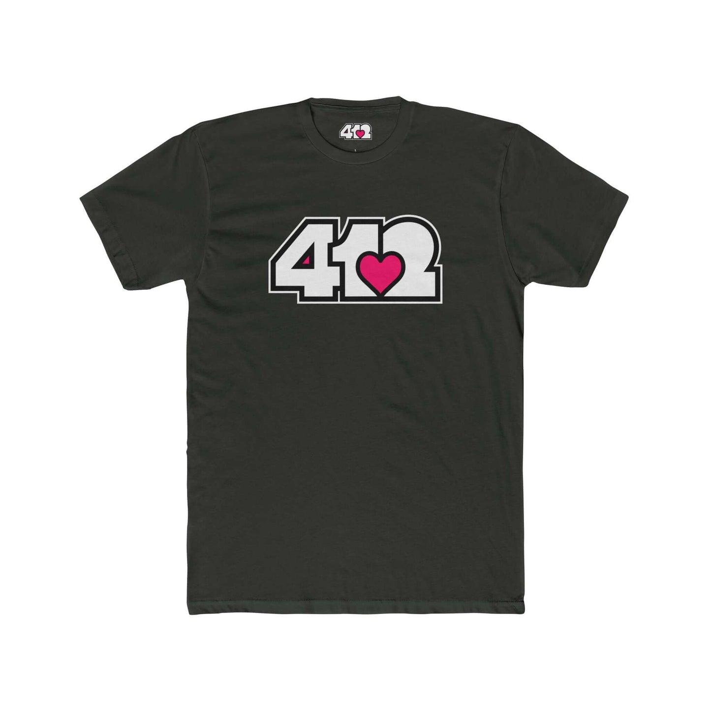 Pittsburgh T-Shirt | White & Pink 412 Logo. Apparel Color: Solid Heavy Metal. Tailored fit T-Shirt with breathable cotton fabric, and classic neckline.