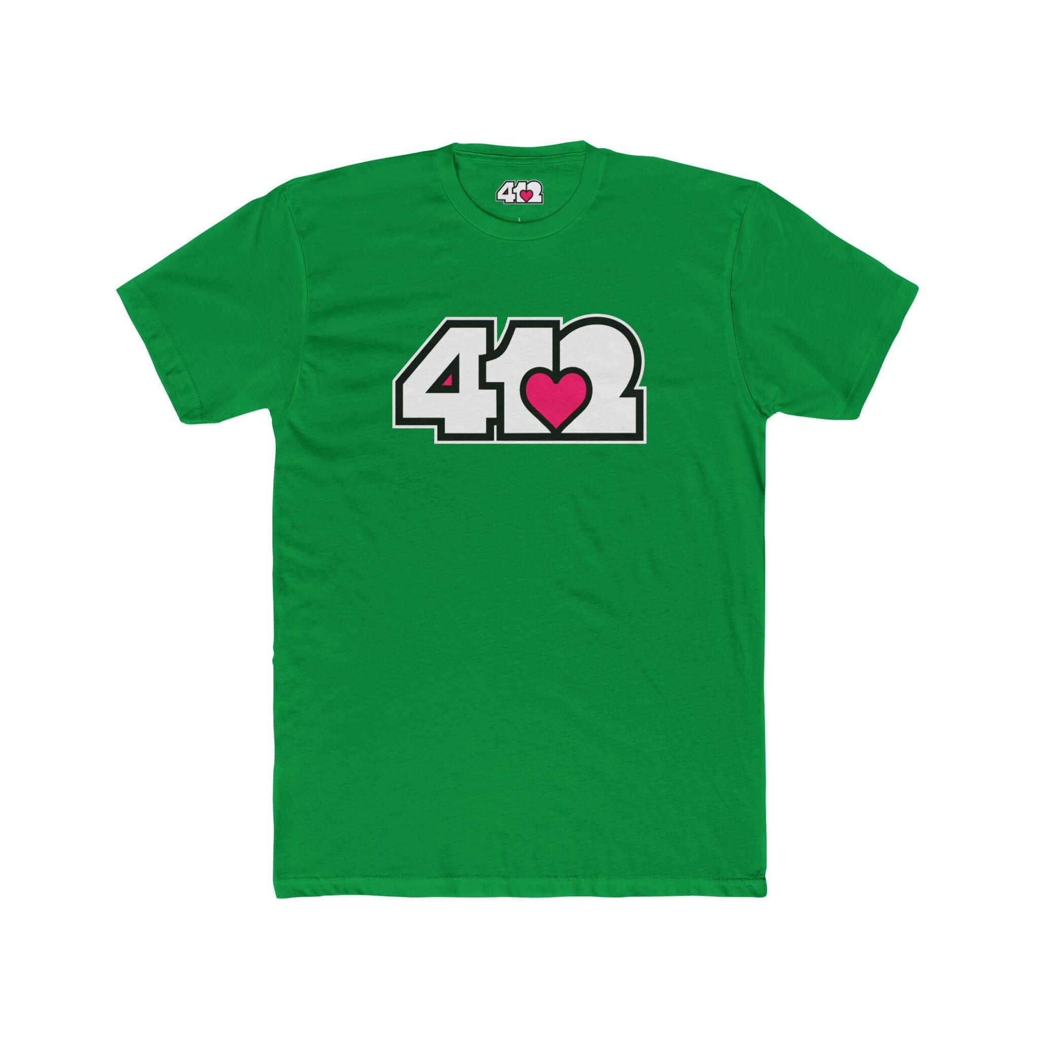 Pittsburgh T-Shirt | White & Pink 412 Logo. Apparel Color: Solid Kelly Green. Tailored fit T-Shirt with breathable cotton fabric, and classic neckline.
