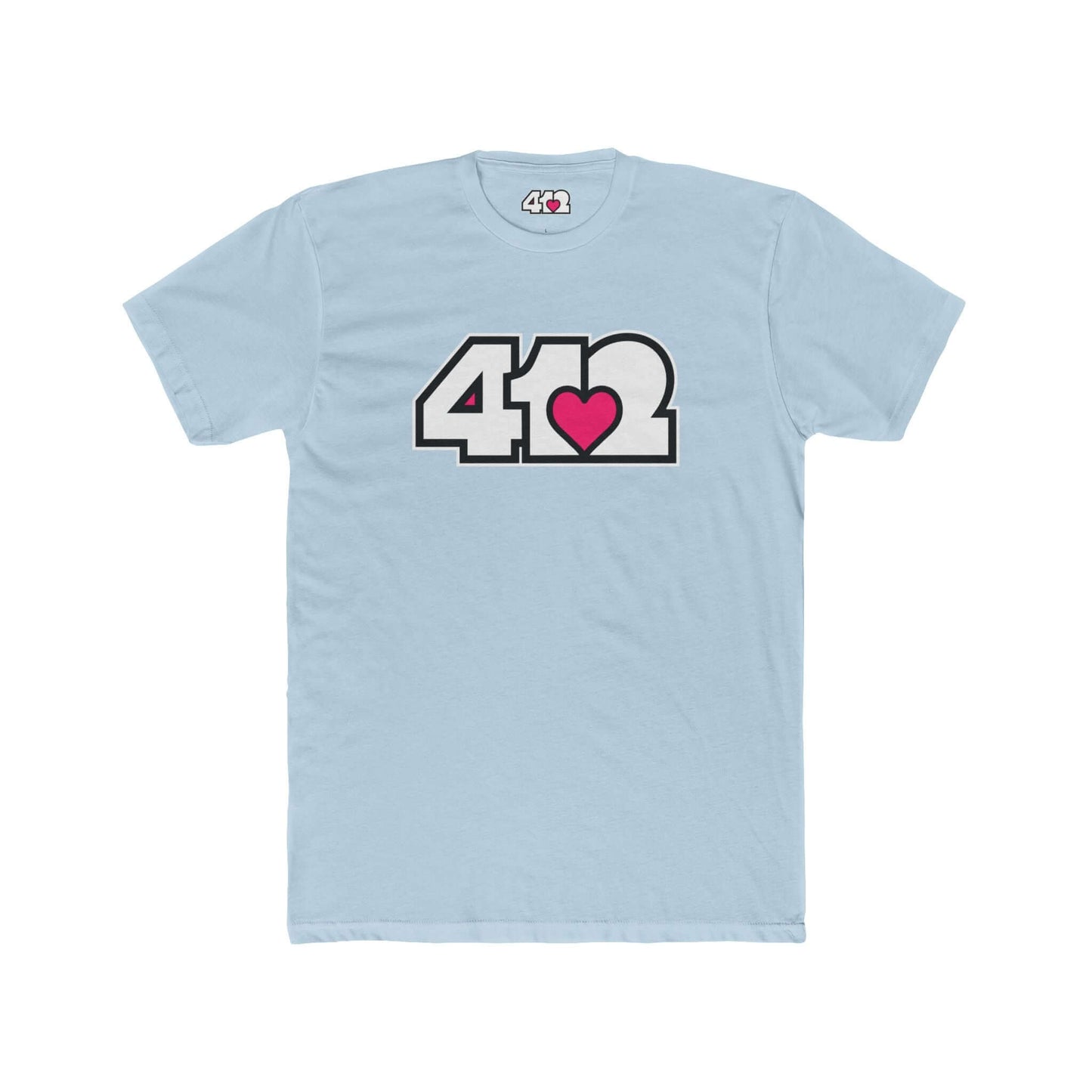 Pittsburgh T-Shirt | White & Pink 412 Logo. Apparel Color: Solid Light Blue. Tailored fit T-Shirt with breathable cotton fabric, and classic neckline.