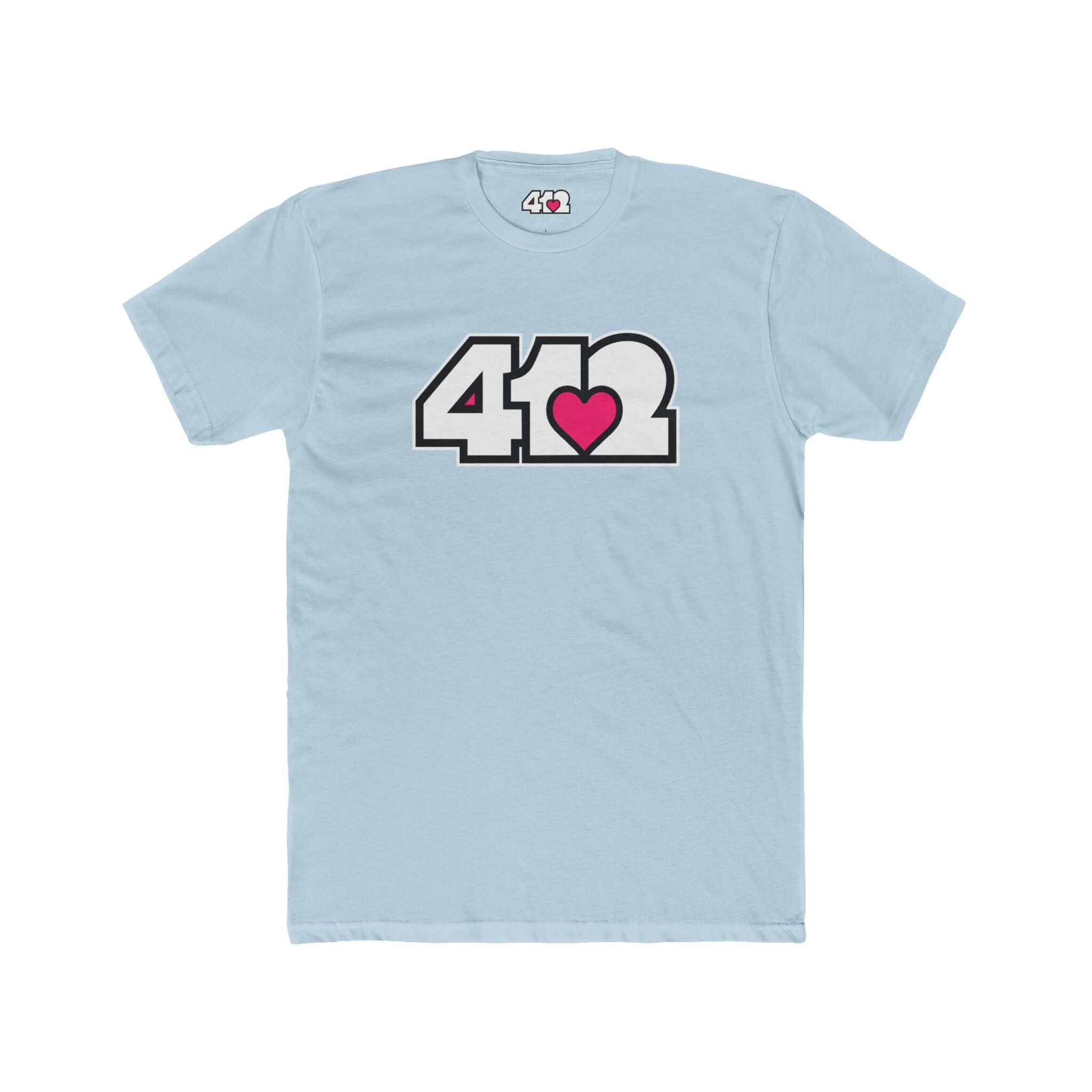 Pittsburgh T-Shirt | White & Pink 412 Logo. Apparel Color: Solid Light Blue. Tailored fit T-Shirt with breathable cotton fabric, and classic neckline.