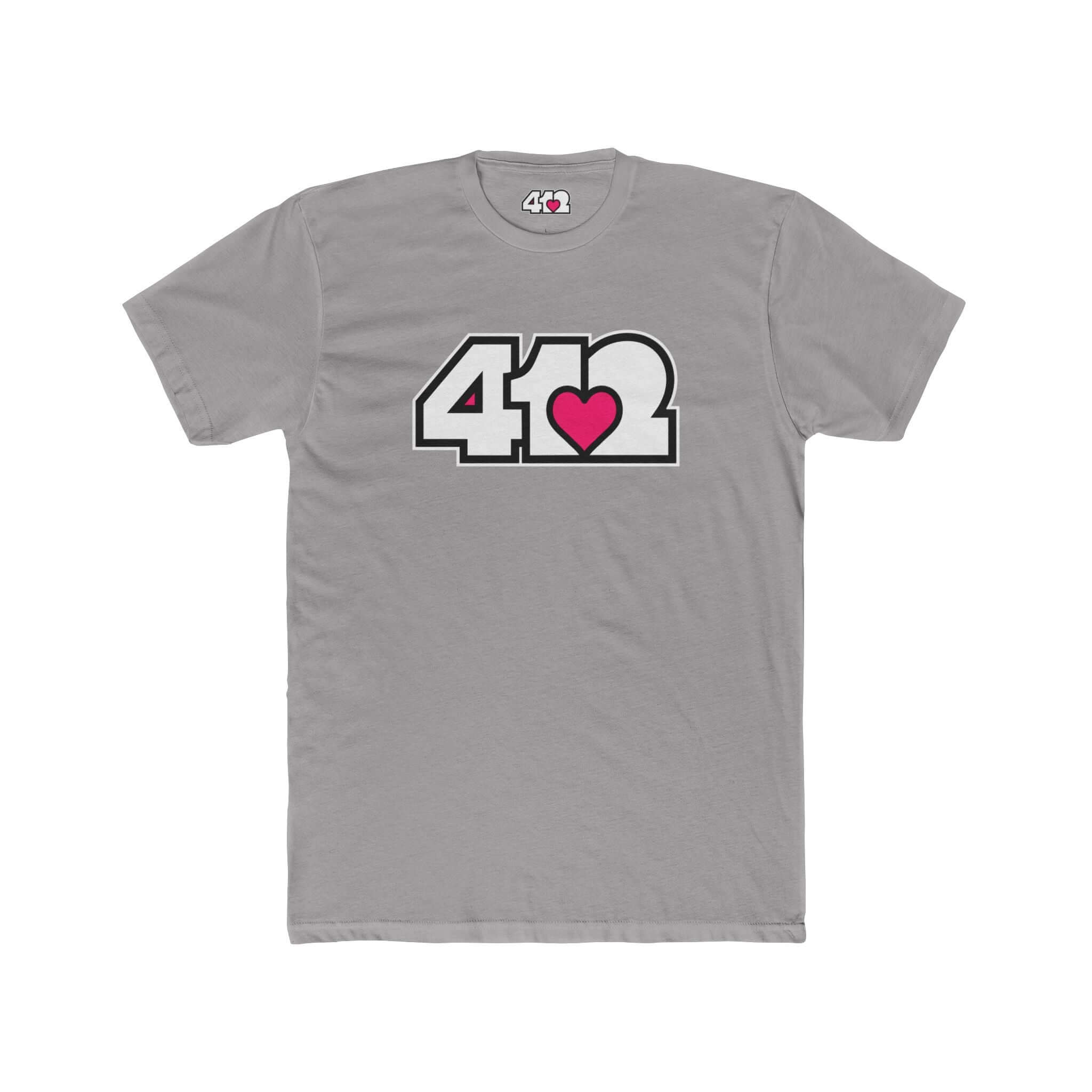 Pittsburgh T-Shirt | White & Pink 412 Logo. Apparel Color: Solid Light Grey. Tailored fit T-Shirt with breathable cotton fabric, and classic neckline.
