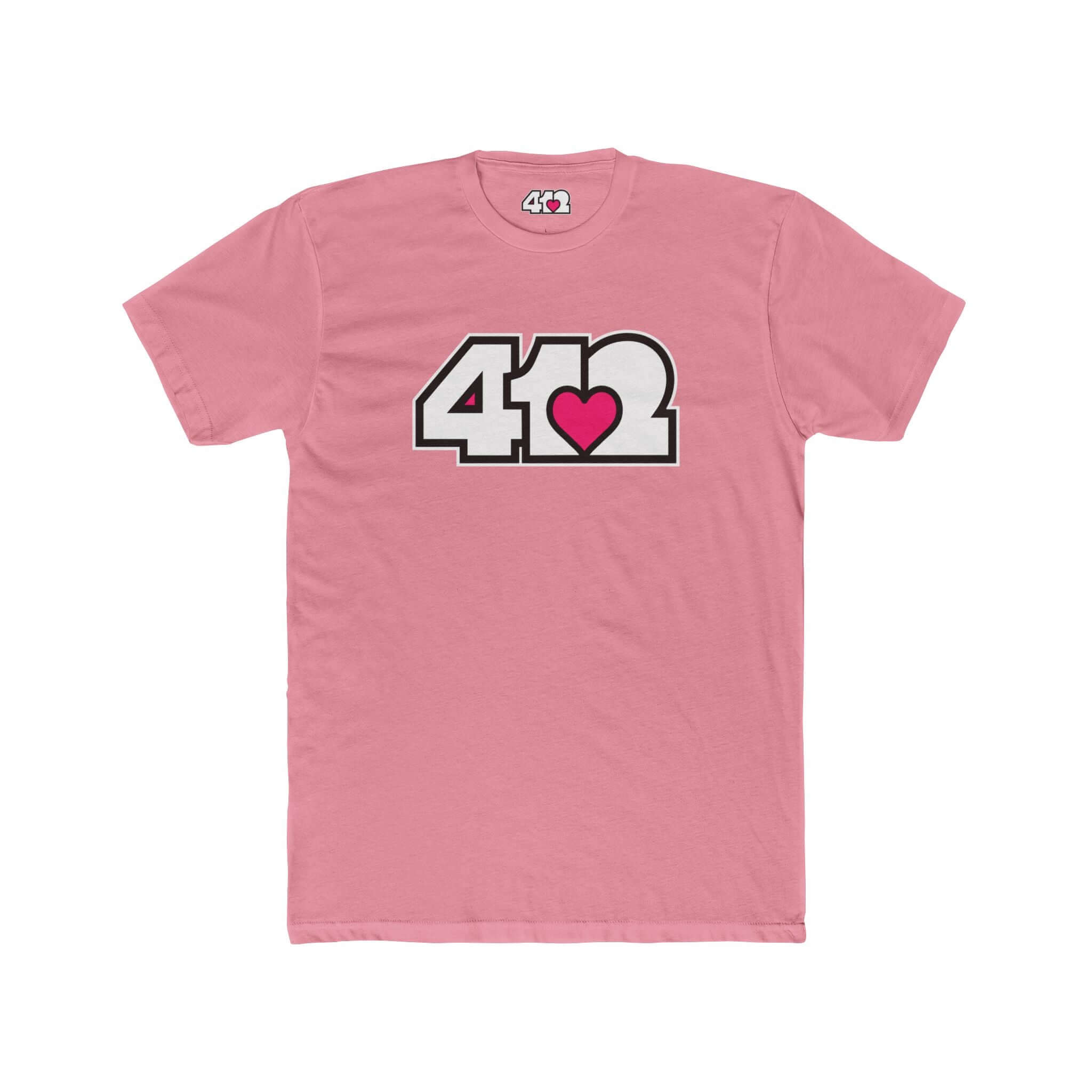 Pittsburgh T-Shirt | White & Pink 412 Logo. Apparel Color: Solid Light Pink. Tailored fit T-Shirt with breathable cotton fabric, and classic neckline.