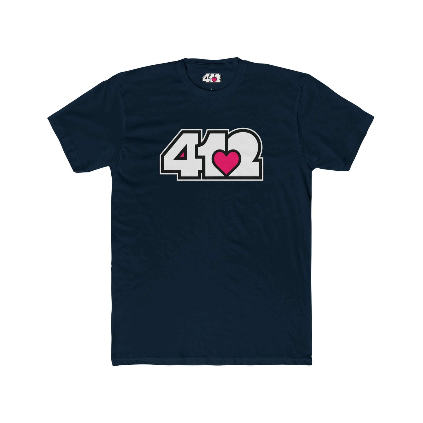 Pittsburgh T-Shirt | White & Pink 412 Logo. Apparel Color: Solid Midnight Navy. Tailored fit T-Shirt with breathable cotton fabric, and classic neckline.