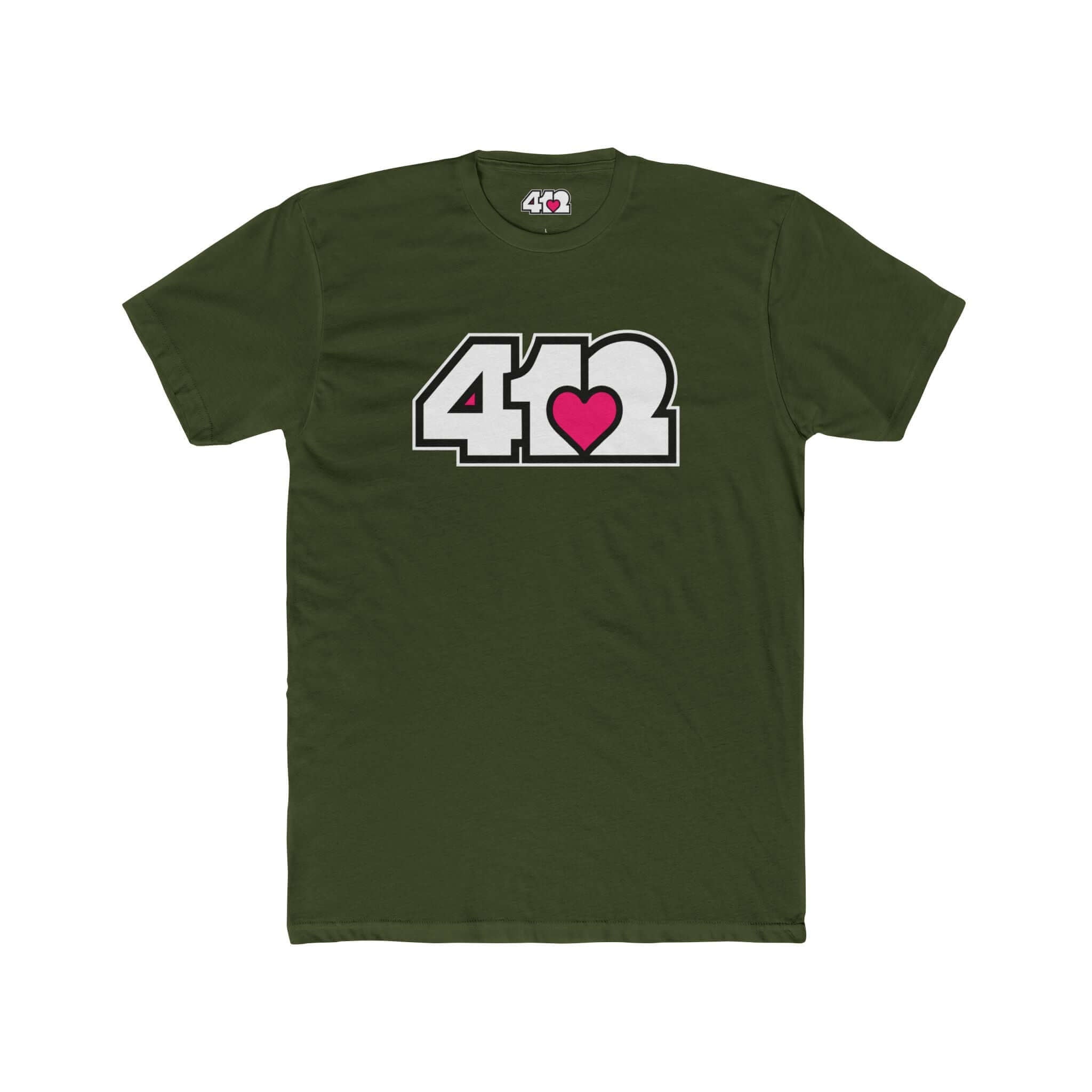 Pittsburgh T-Shirt | White & Pink 412 Logo. Apparel Color: Solid Military Green. Tailored fit T-Shirt with breathable cotton fabric, and classic neckline.