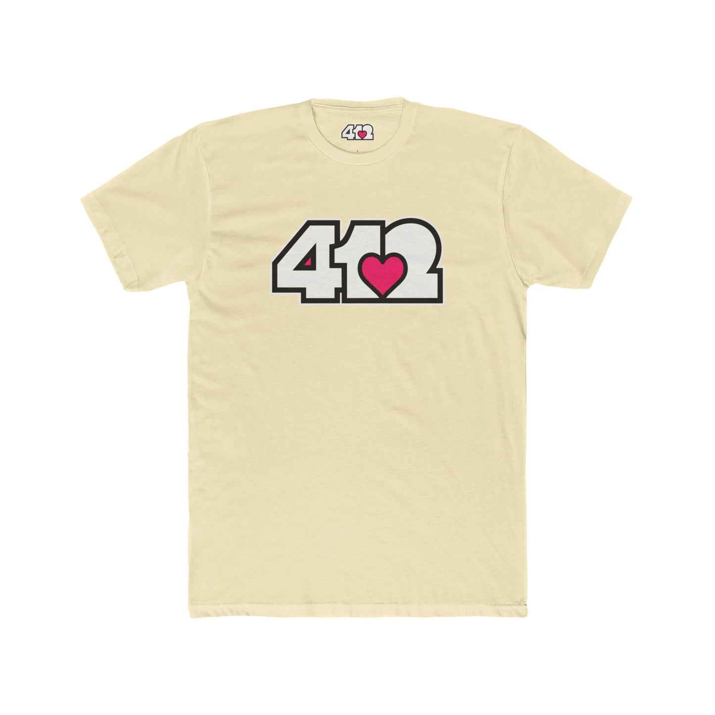 Pittsburgh T-Shirt | White & Pink 412 Logo. Apparel Color: Solid Natural. Tailored fit T-Shirt with breathable cotton fabric, and classic neckline.