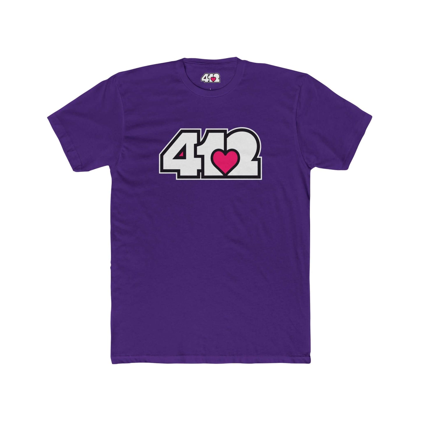 Pittsburgh T-Shirt | White & Pink 412 Logo. Apparel Color: Solid Purple Rush. Tailored fit T-Shirt with breathable cotton fabric, and classic neckline.