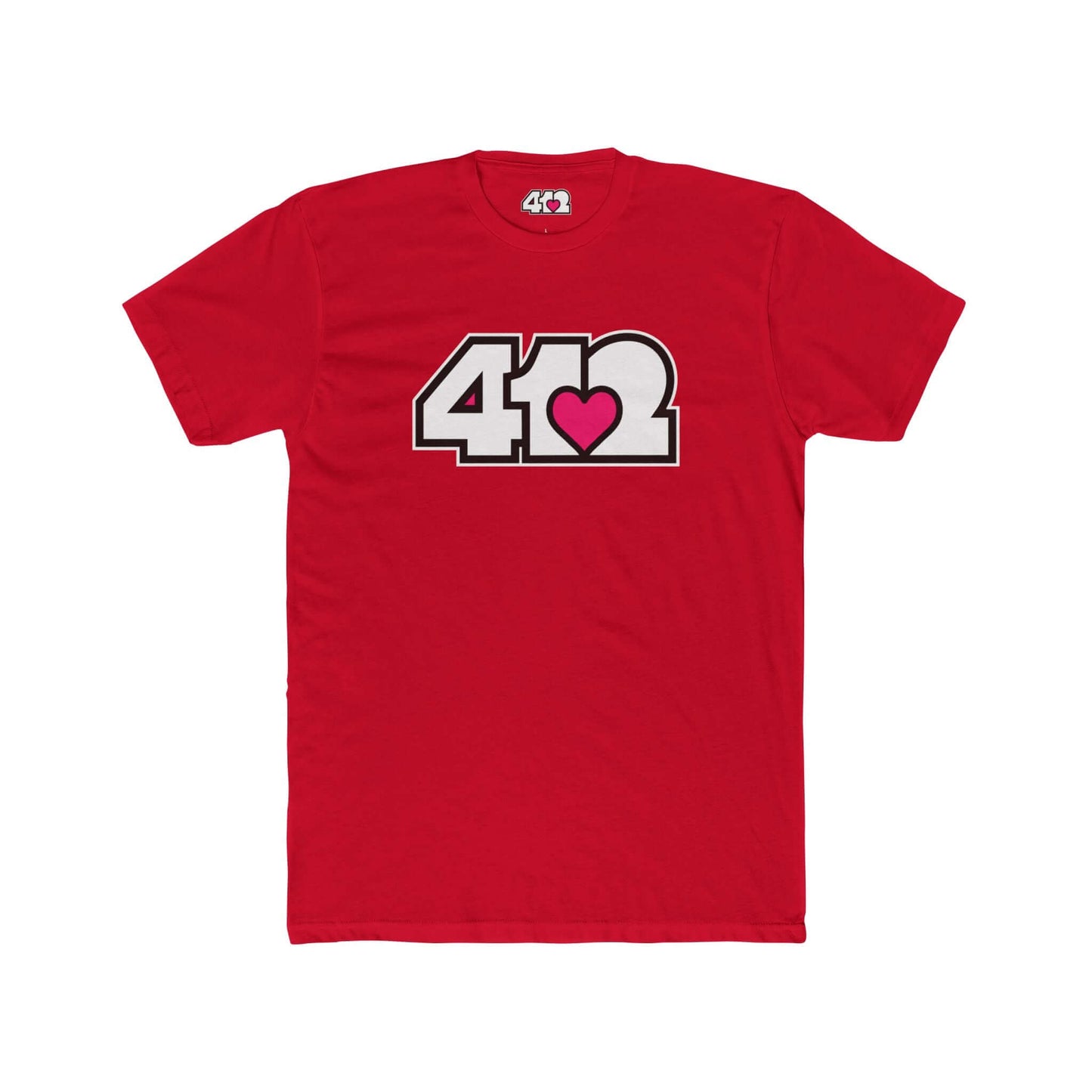 Pittsburgh T-Shirt | White & Pink 412 Logo. Apparel Color: Solid Red. Tailored fit T-Shirt with breathable cotton fabric, and classic neckline.