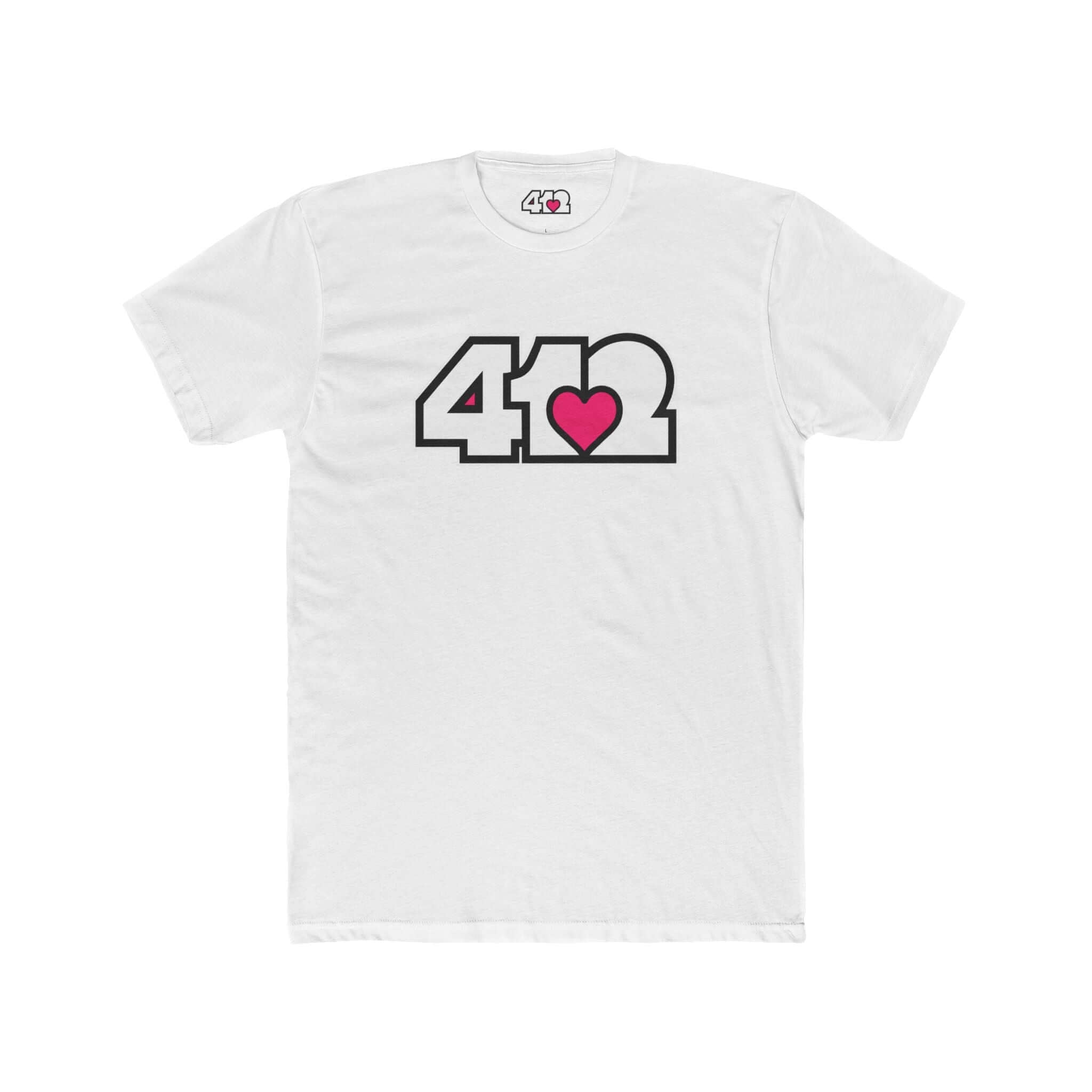 Pittsburgh T-Shirt | White & Pink 412 Logo. Apparel Color: Solid White. Tailored fit T-Shirt with breathable cotton fabric, and classic neckline.