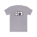 Pittsburgh T-Shirt | White & Purple 412 Logo. Apparel Color: Heather Grey. Tailored fit T-Shirt with breathable cotton fabric, and classic neckline.
