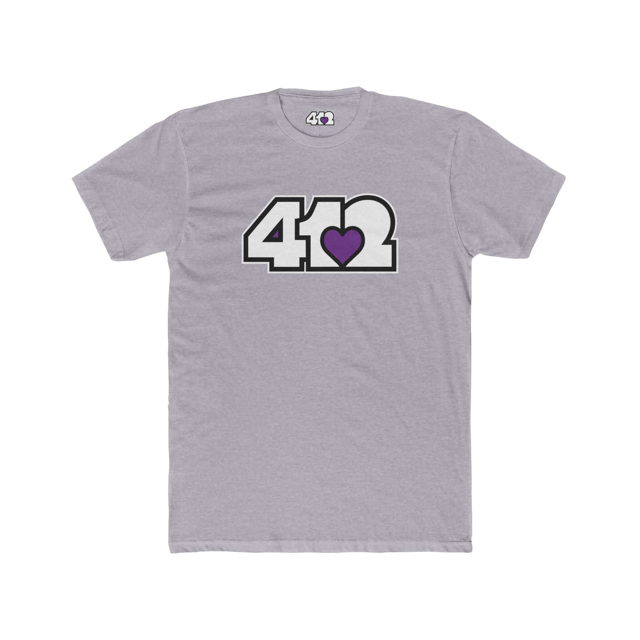 Pittsburgh T-Shirt | White & Purple 412 Logo. Apparel Color: Heather Grey. Tailored fit T-Shirt with breathable cotton fabric, and classic neckline.