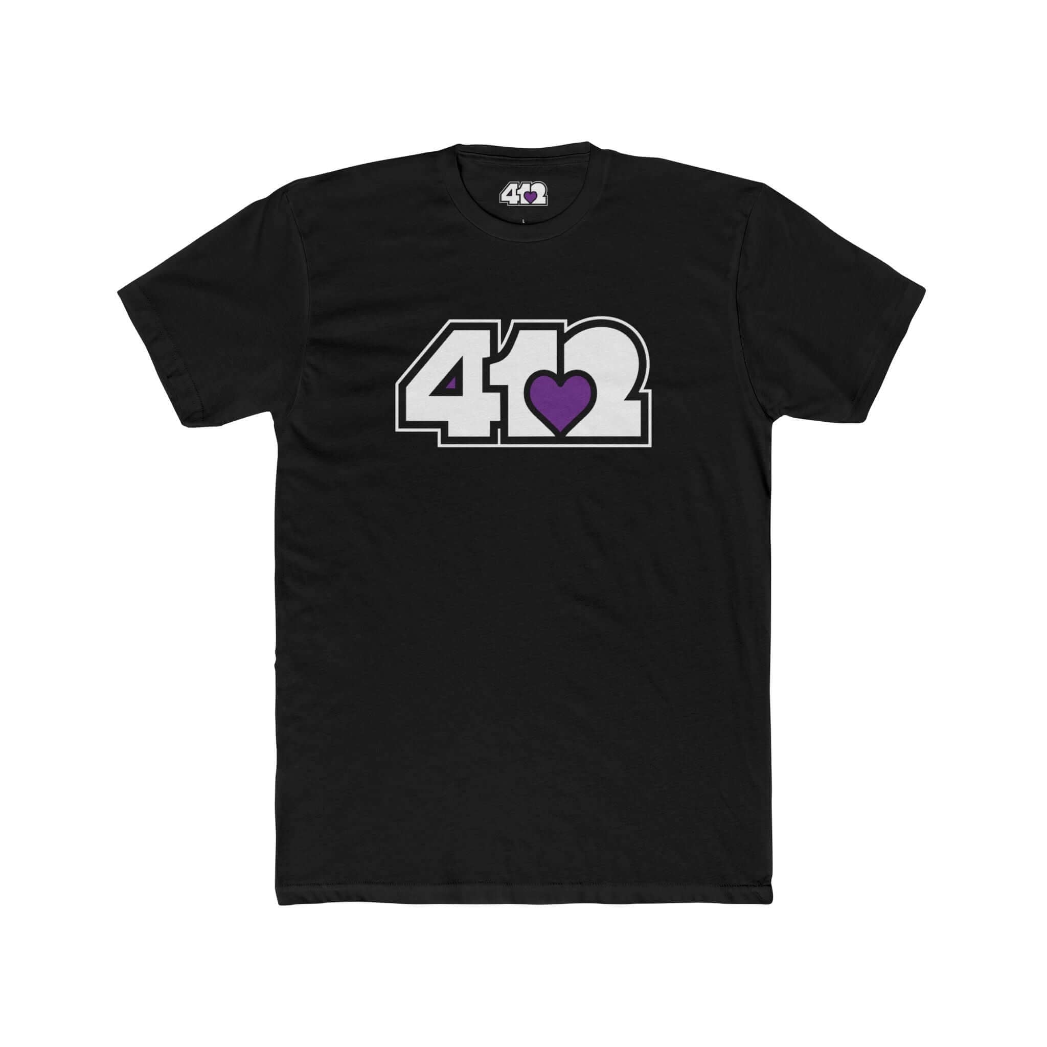 Pittsburgh T-Shirt | White & Purple 412 Logo. Apparel Color: Solid Black. Tailored fit T-Shirt with breathable cotton fabric, and classic neckline.